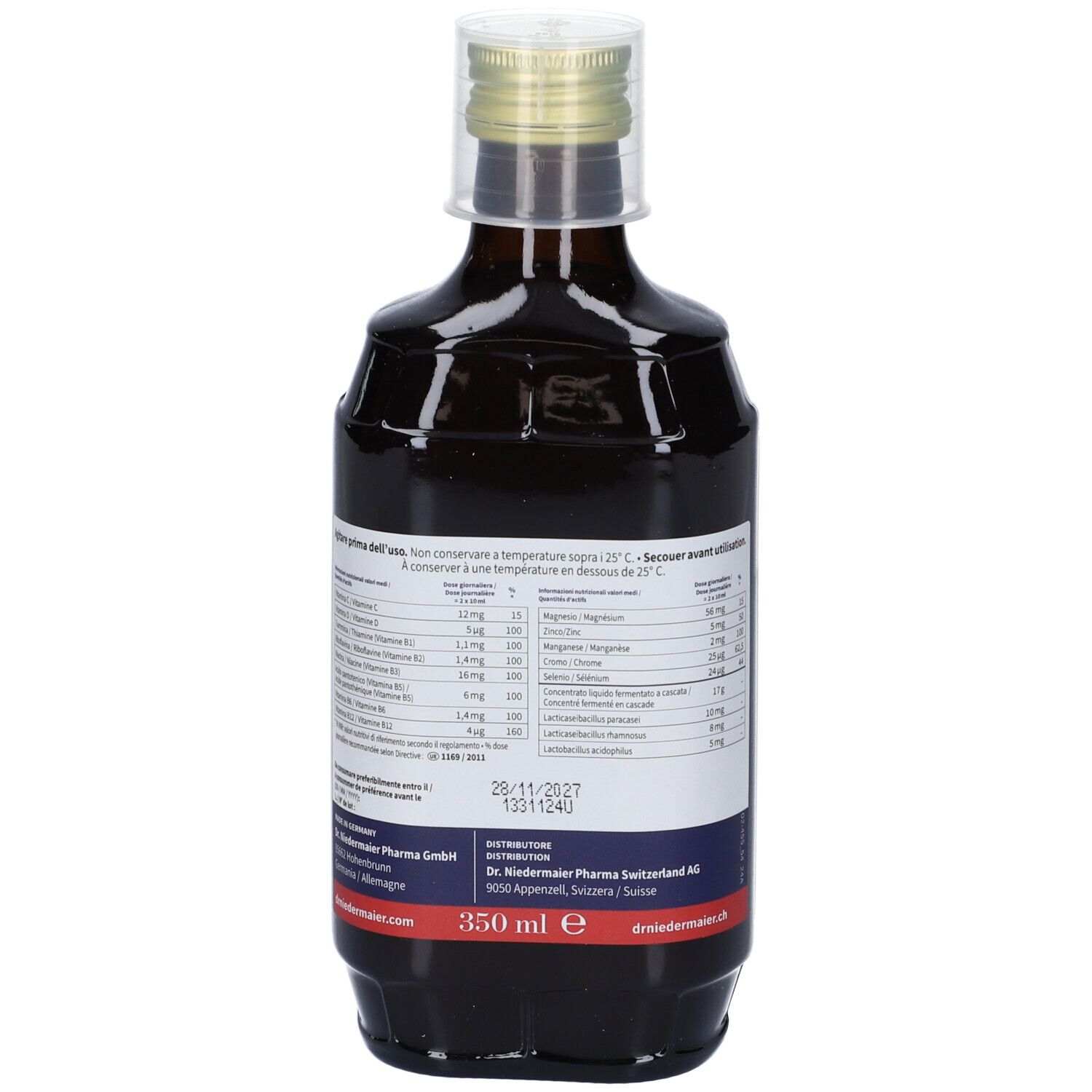 Retro della bottiglia di vetro marrone. Etichetta bianca con informazioni. Scritta: 350 ml. Data di scadenza.