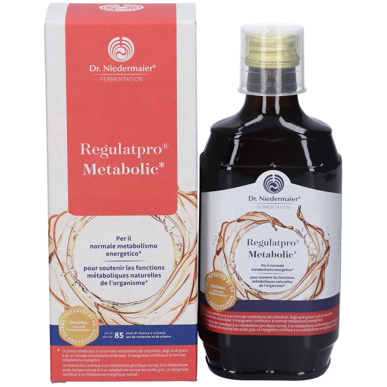 Bottiglia e confezione del prodotto. Scritta: Regulatpro Metabolic. Confezione rossa e bianca. Distintivo dorato.