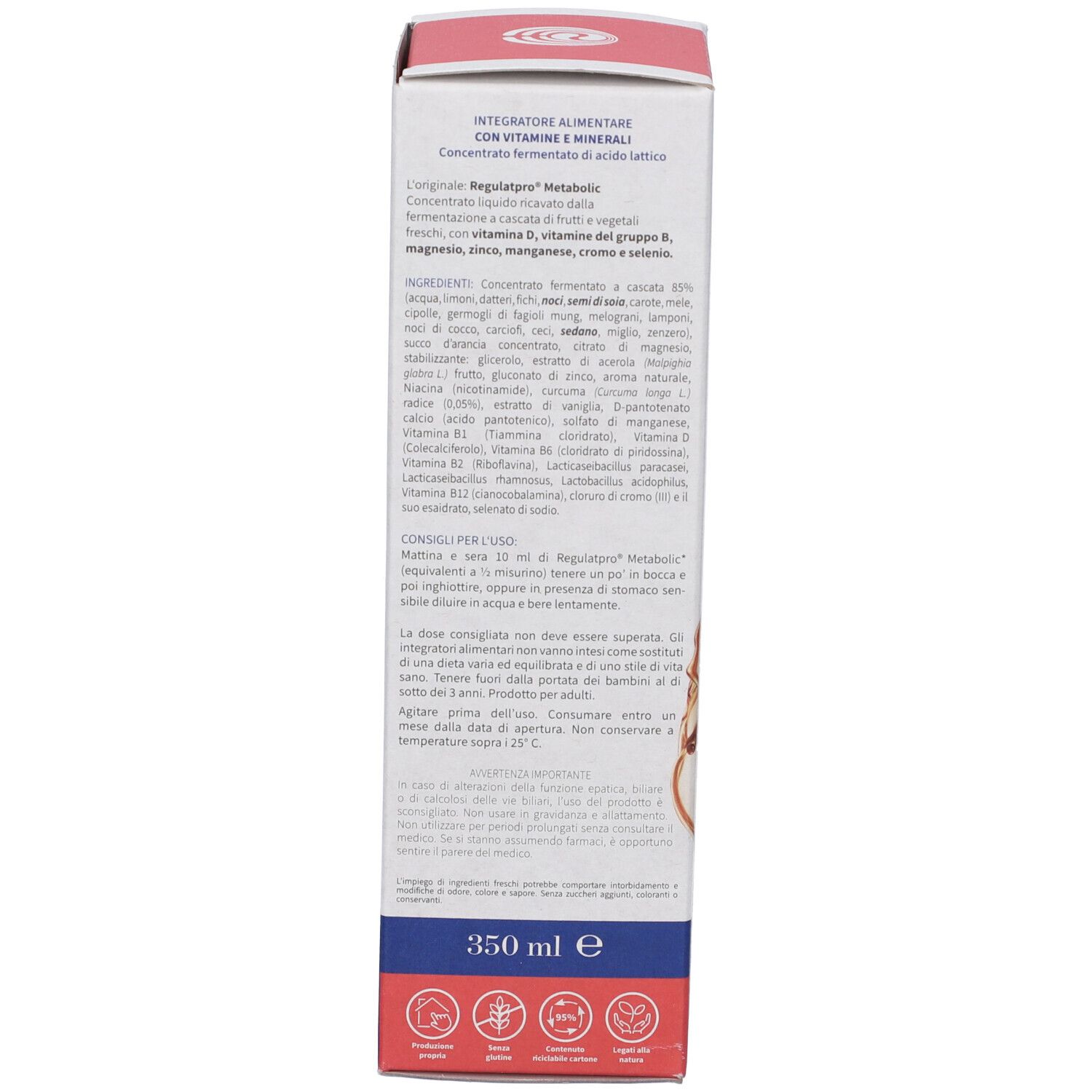 Confezione, vista laterale. Scritta: 350 ml. Ingredienti e istruzioni per l'uso in italiano.
