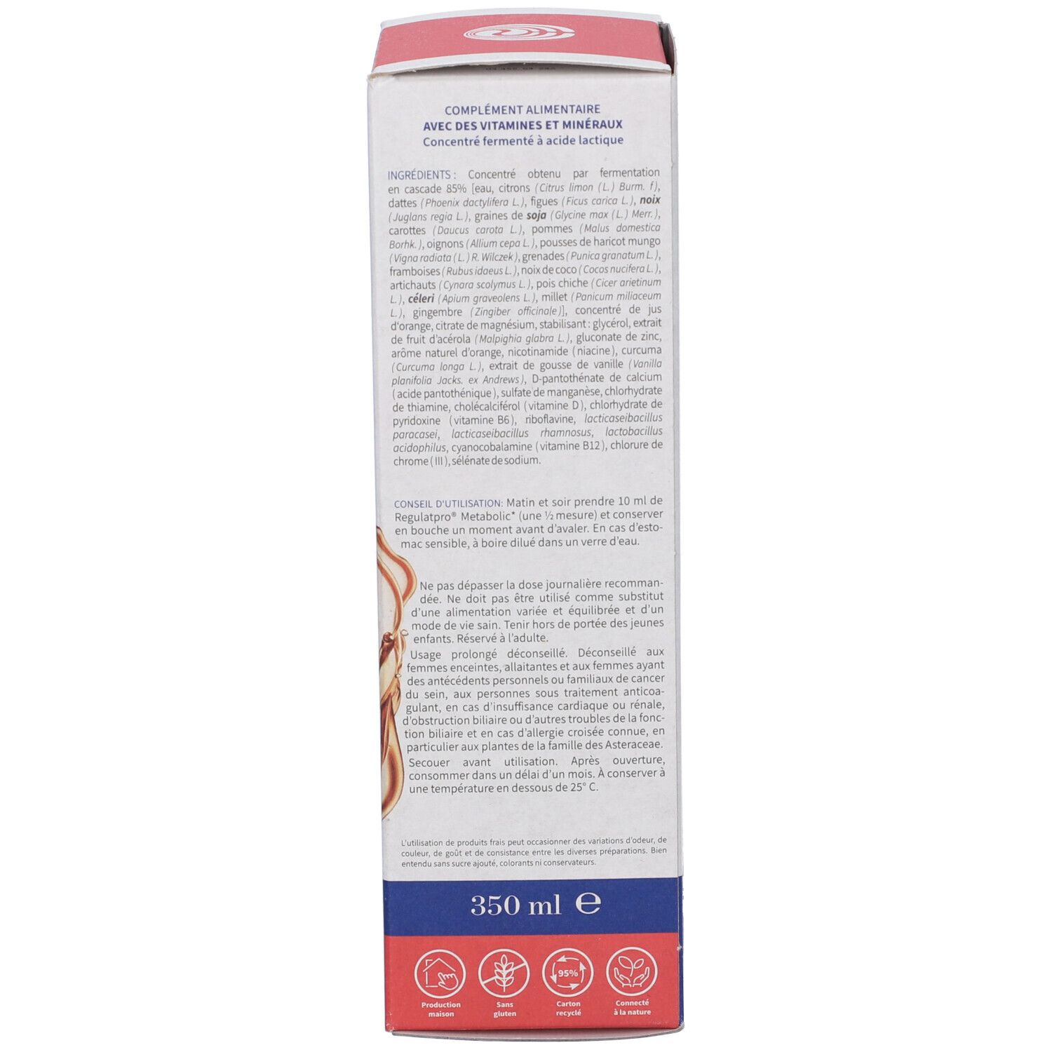 Confezione, vista laterale. Ingredienti e istruzioni per l'uso. Testo in italiano. Scritta: 350 ml.