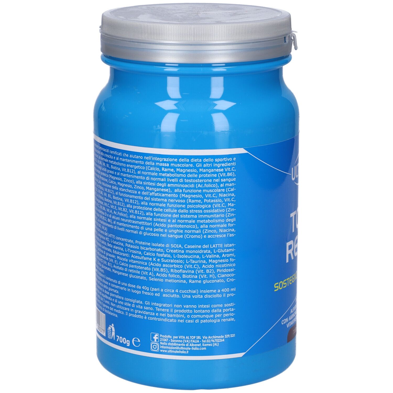 Retro di un barattolo blu con coperchio argentato. Informazioni testuali in italiano. 700g.