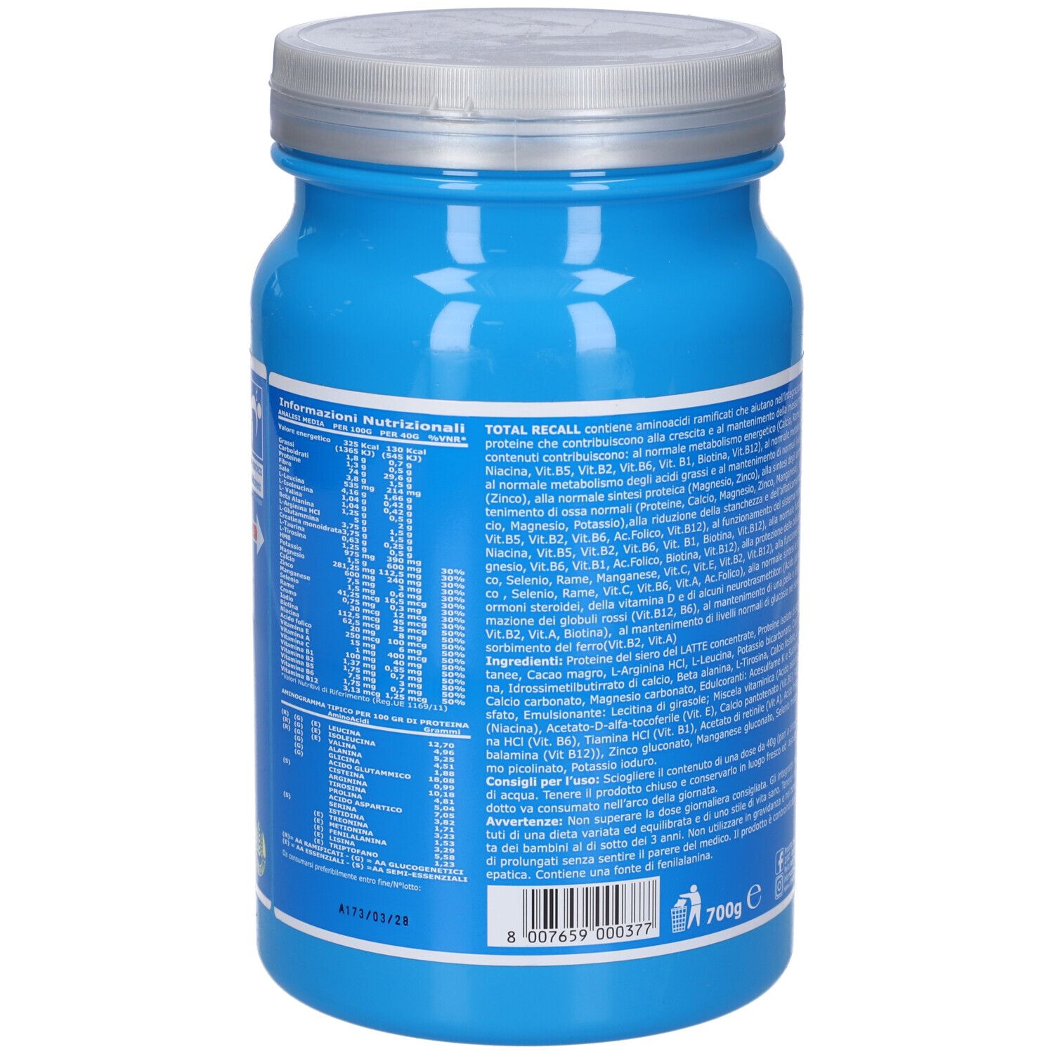 Retro di un barattolo blu con coperchio argentato. Informazioni testuali in italiano. 700g.