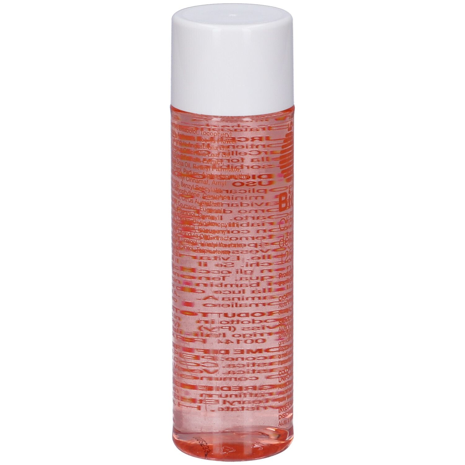 Flacone Bio-Oil®. Forma cilindrica, liquido trasparente, tappo bianco. Etichetta con testo in rosso.