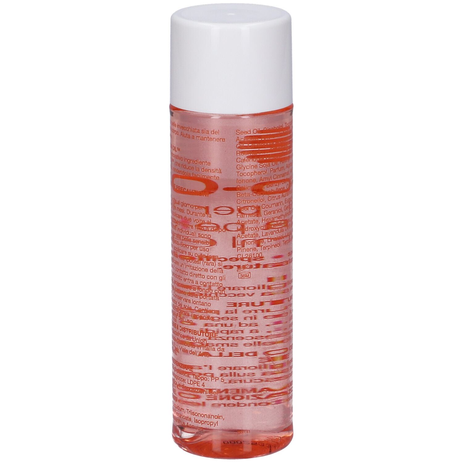 Flacone Bio-Oil®. Forma cilindrica, liquido trasparente, tappo bianco. Etichetta con testo rosso.