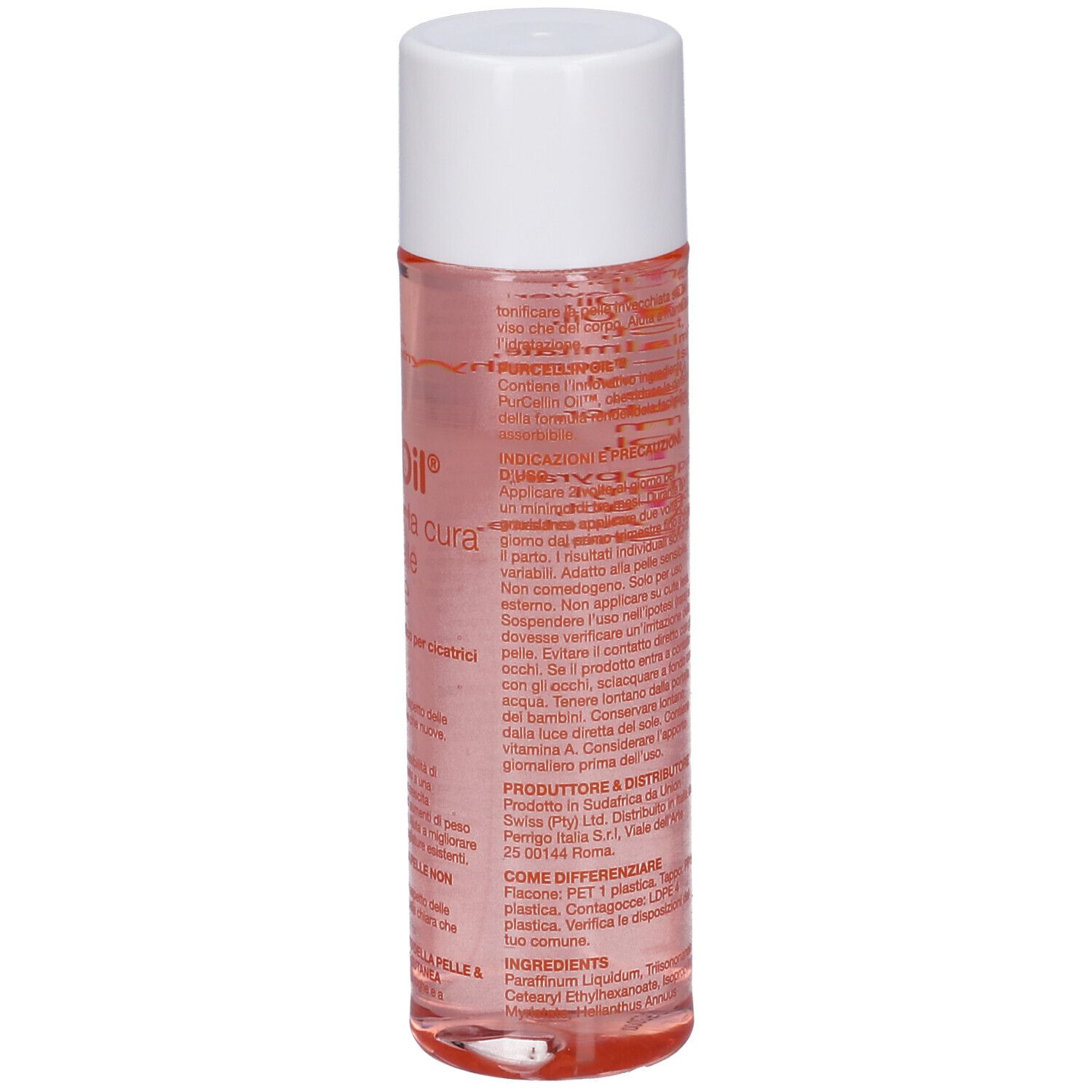 Flacone Bio-Oil®. Forma cilindrica, liquido trasparente, tappo bianco. Etichetta con testo e ingredienti.