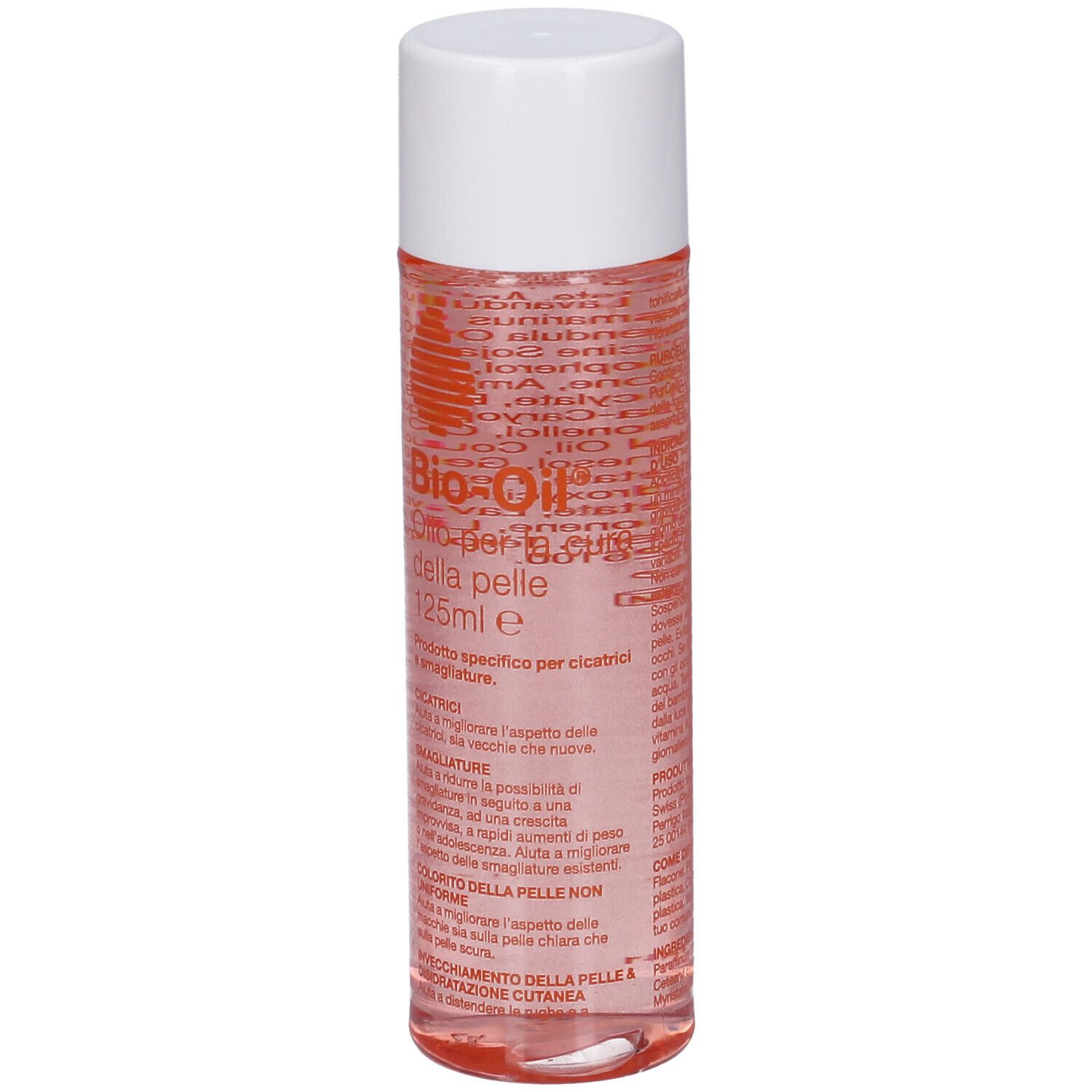 Flacone Bio-Oil®. Forma cilindrica, liquido trasparente, tappo bianco. Etichetta con testo rosso.