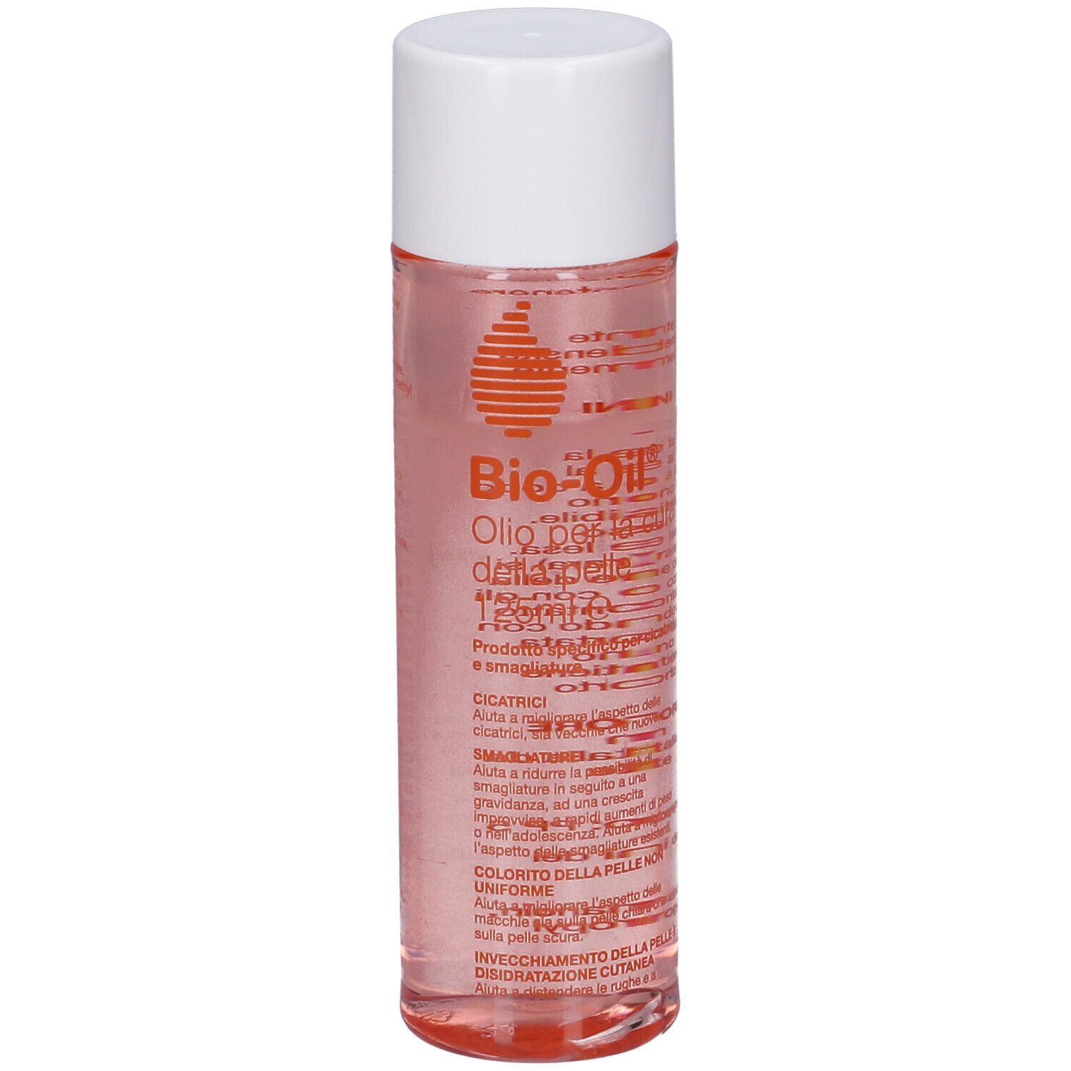 Flacone Bio-Oil®. Forma cilindrica, liquido trasparente, tappo bianco. Etichetta con testo rosso.