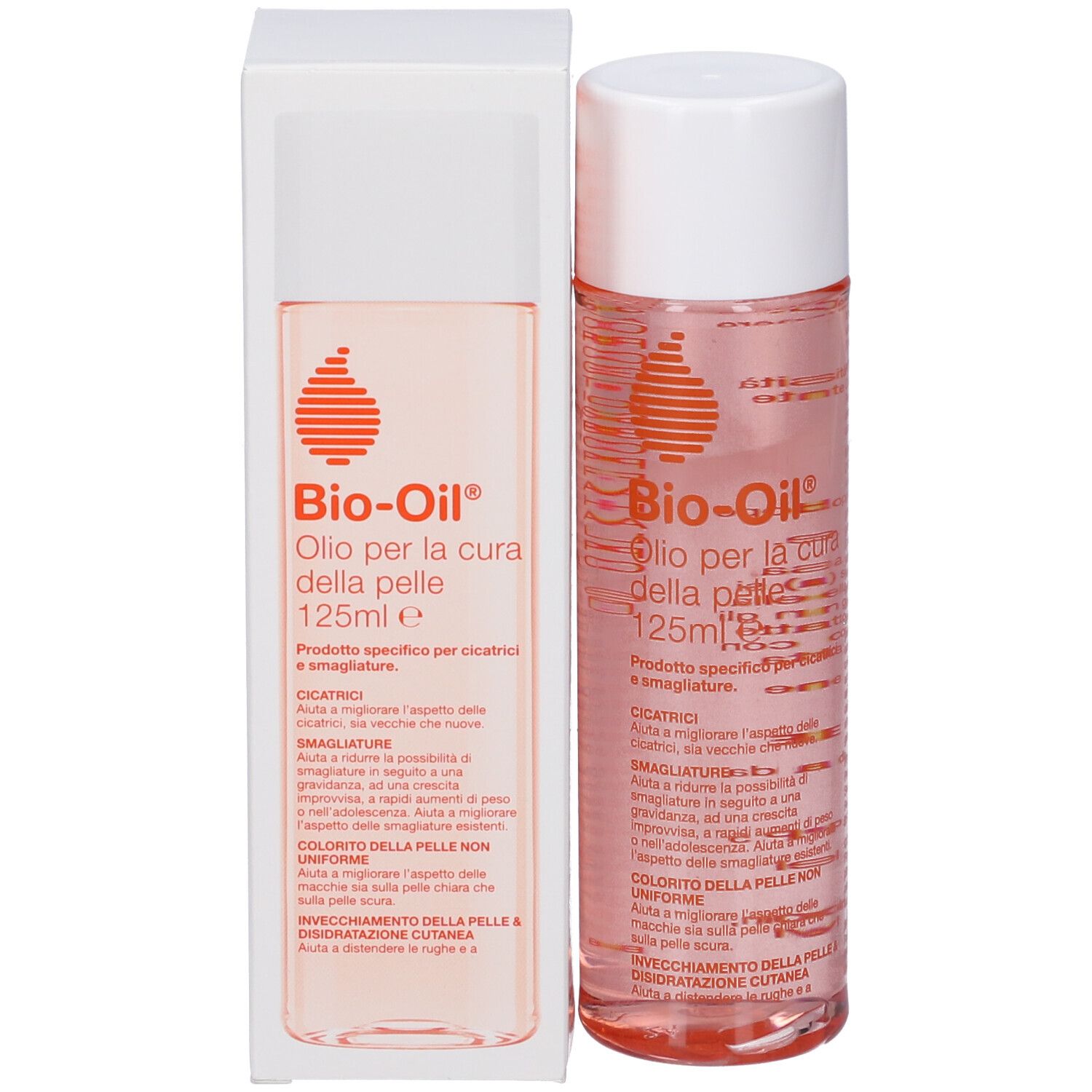 Flacone Bio-Oil® e confezione. Flacone con tappo bianco, confezione con testo e logo.