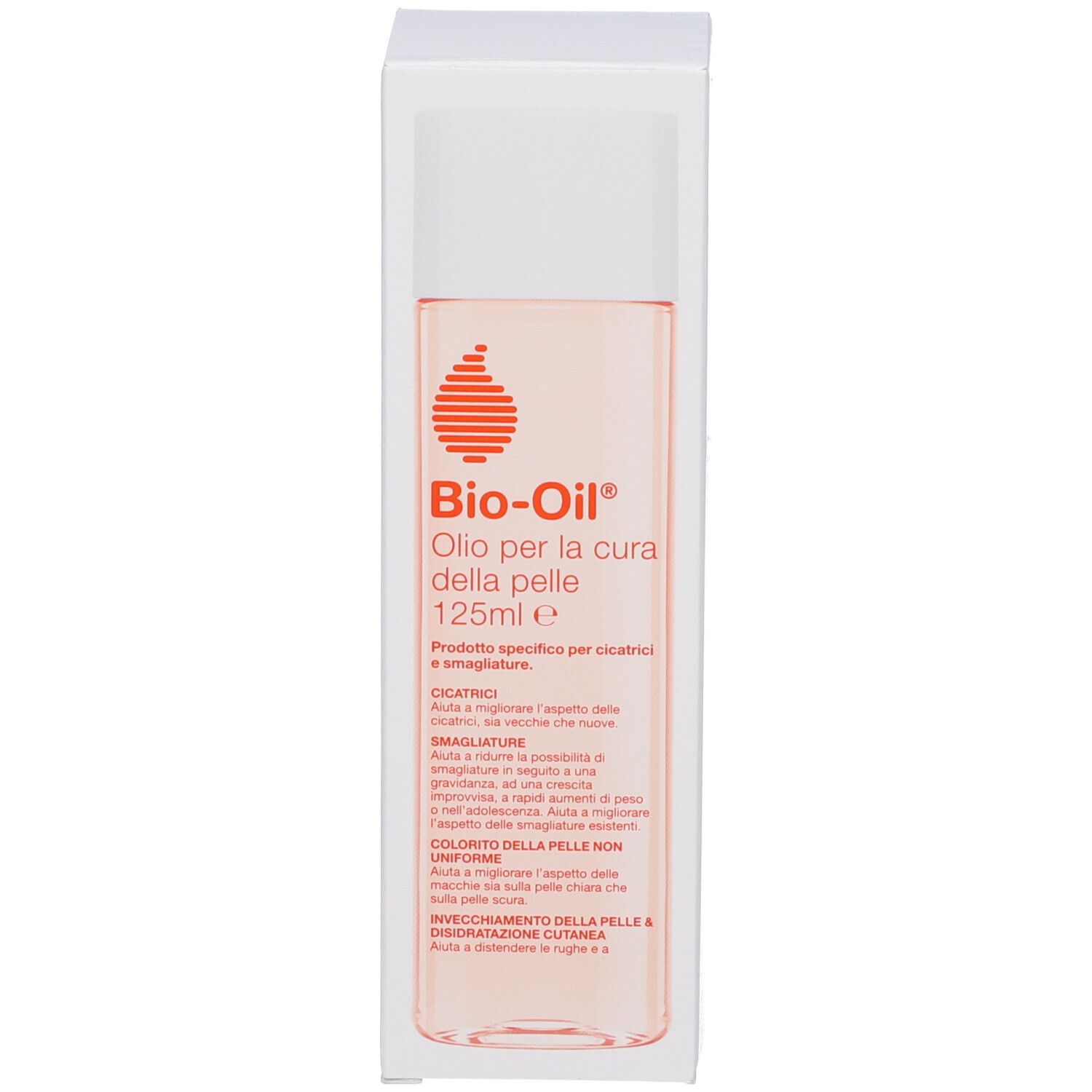 Flacone Bio-Oil® e confezione. Flacone con tappo bianco, confezione con testo e logo.
