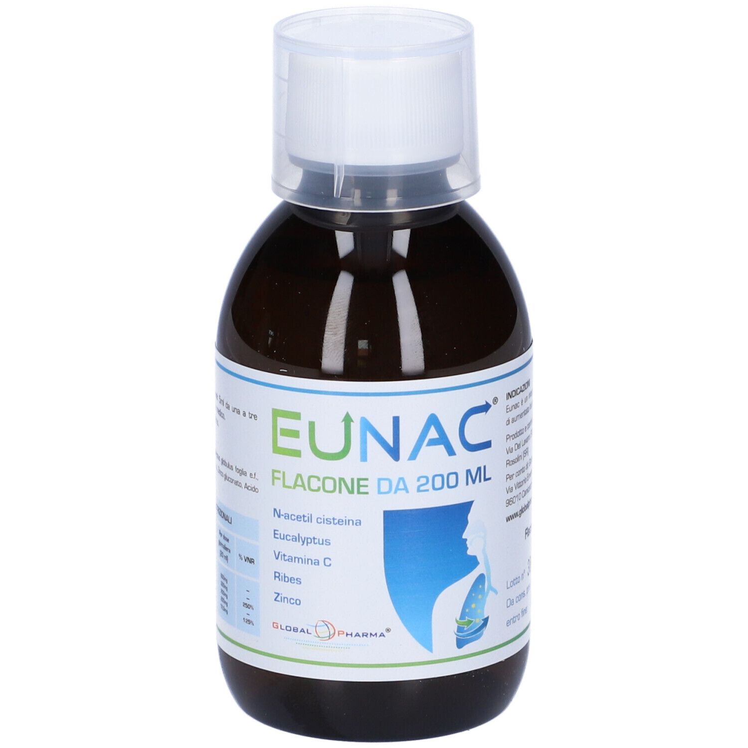 Flacone marrone con tappo bianco. Scritta Eunac, Flacone da 200 ml. Contiene N-acetilcisteina, eucalipto, vitamina C, Ribes, zinco.