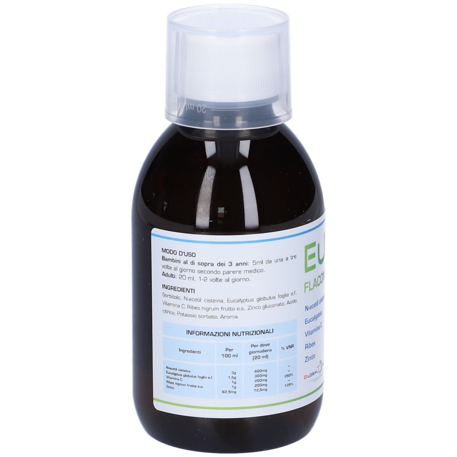 Flacone marrone con tappo bianco. Scritta Eunac, Flacone da 200 ml. Contiene N-acetilcisteina, eucalipto, vitamina C, Ribes, zinco.