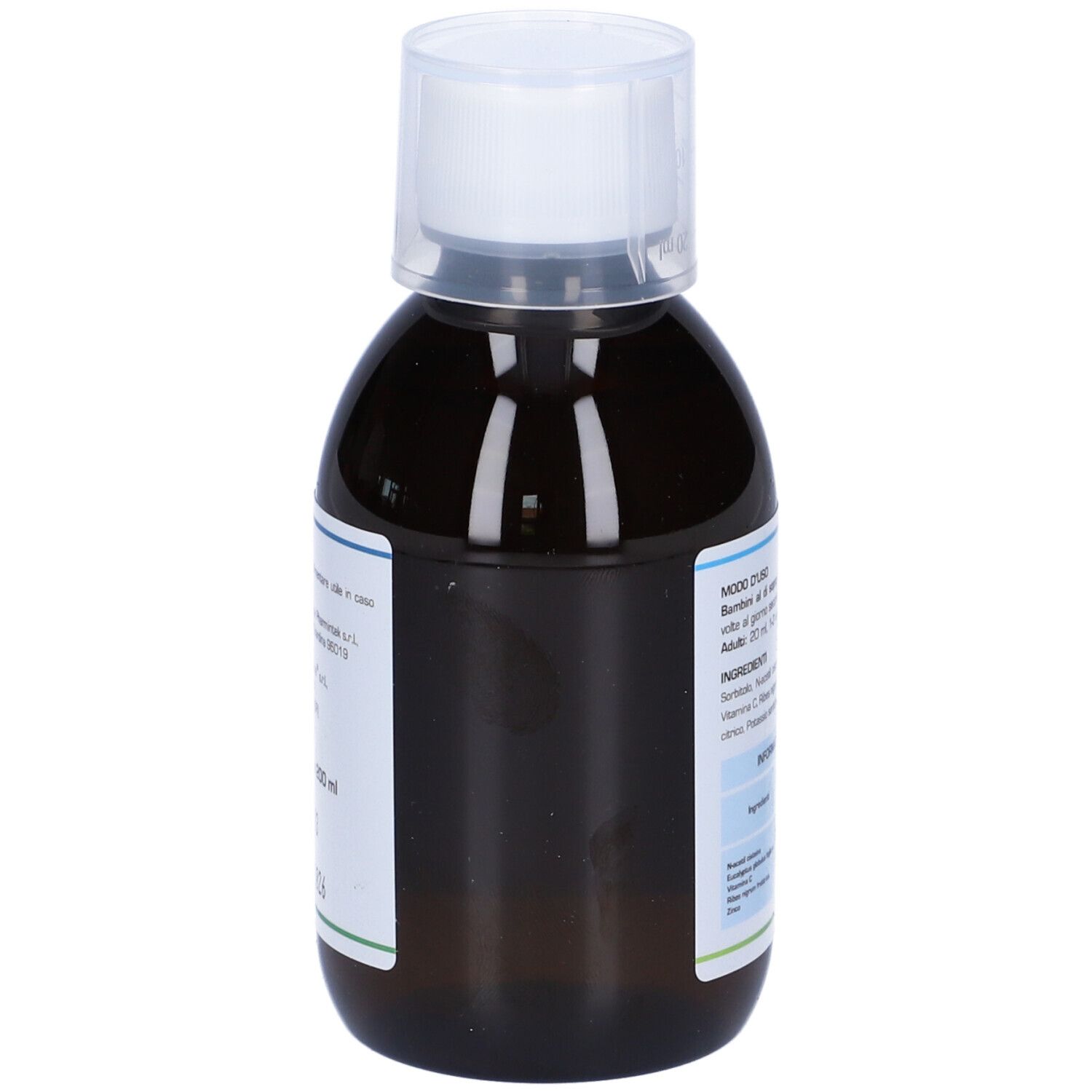 Flacone marrone con tappo bianco. Scritta Eunac, Flacone da 200 ml. Contiene N-acetilcisteina, eucalipto, vitamina C, Ribes, zinco.