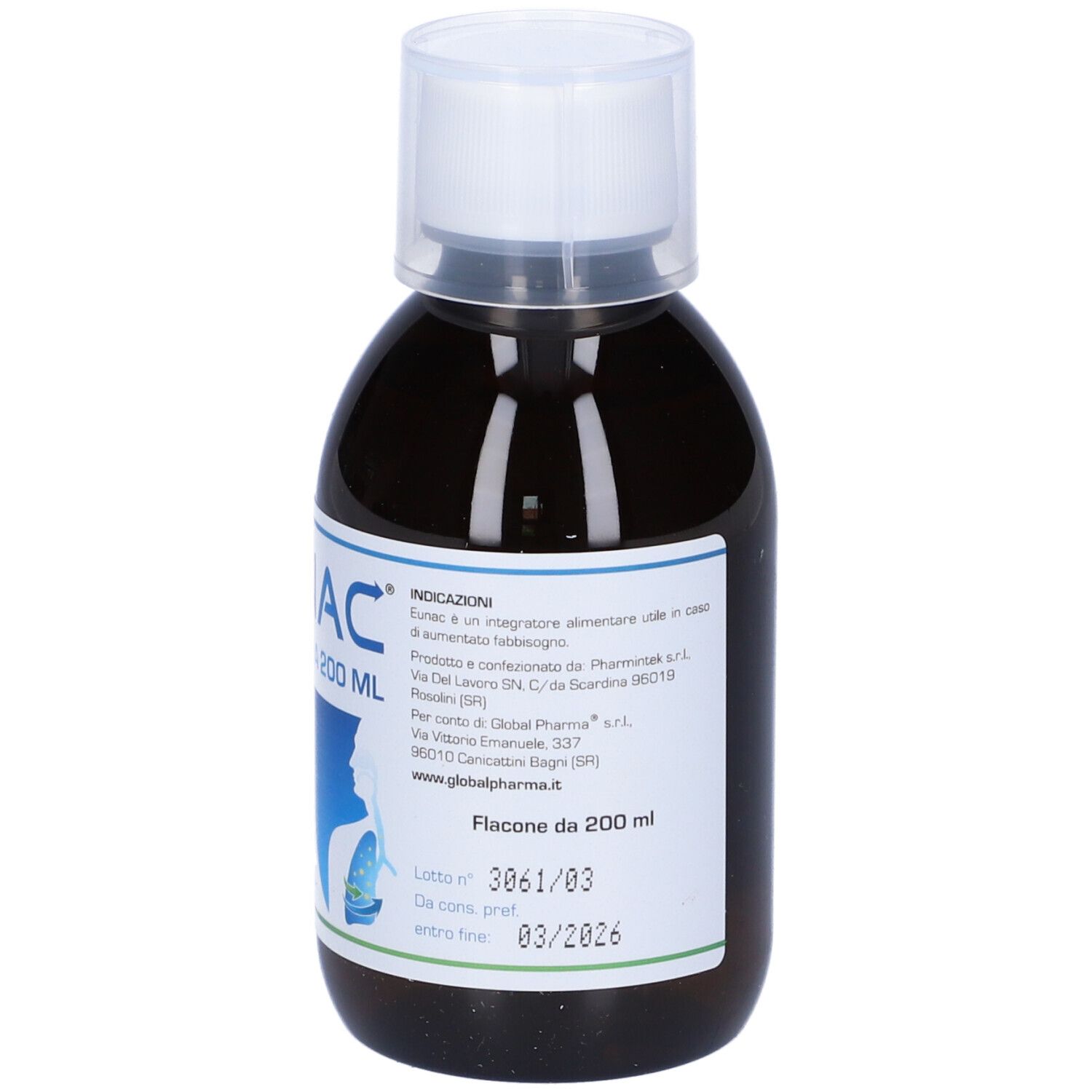 Flacone marrone con tappo bianco. Scritta Eunac, Flacone da 200 ml. Contiene N-acetilcisteina, eucalipto, vitamina C, Ribes, zinco.