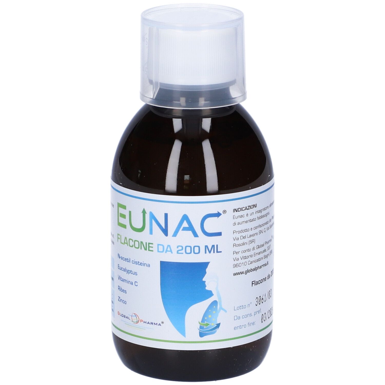 Flacone marrone con tappo bianco. Scritta Eunac, Flacone da 200 ml. Contiene N-acetilcisteina, eucalipto, vitamina C, Ribes, zinco.
