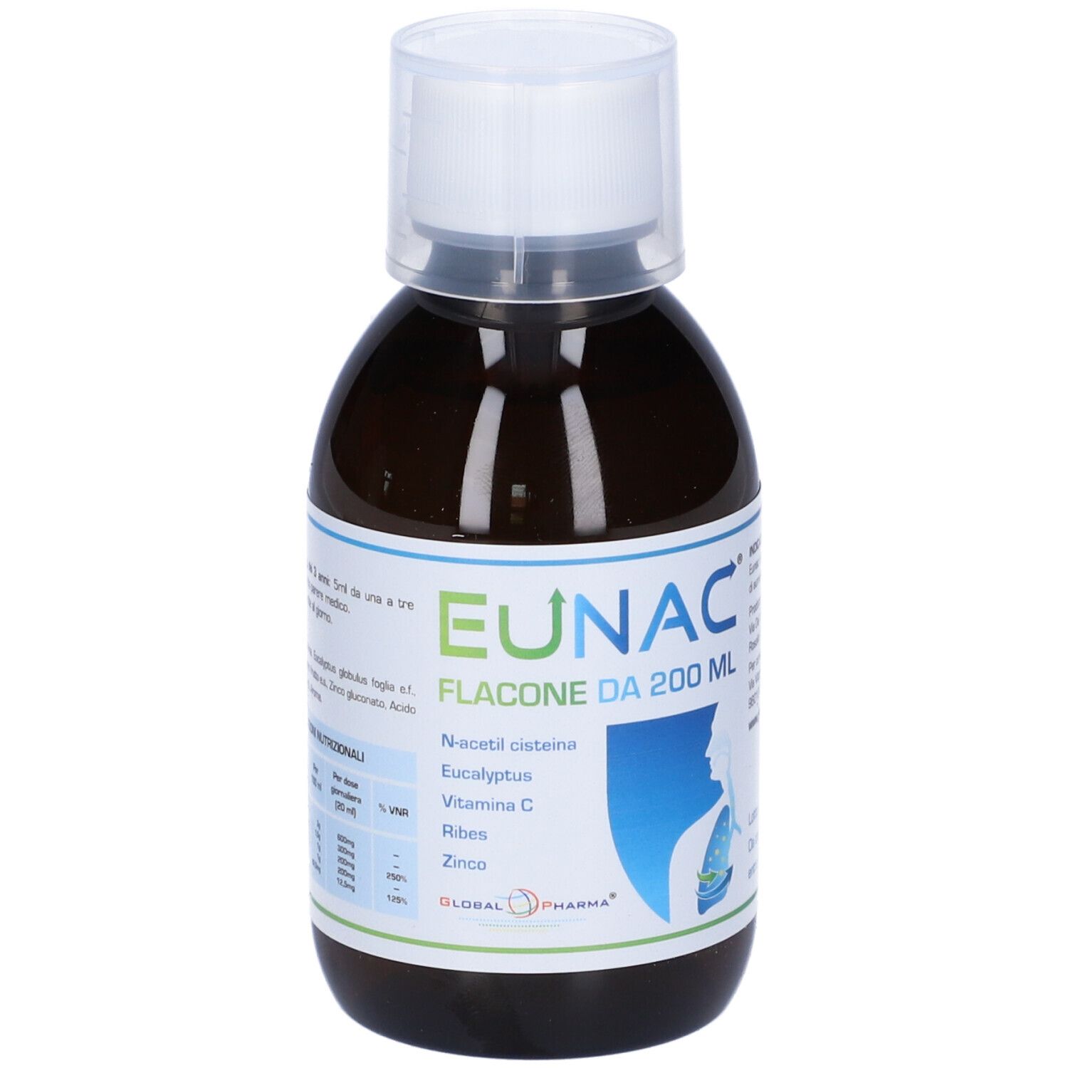 Flacone marrone con tappo bianco. Scritta Eunac, Flacone da 200 ml. Contiene N-acetilcisteina, eucalipto, vitamina C, Ribes, zinco.