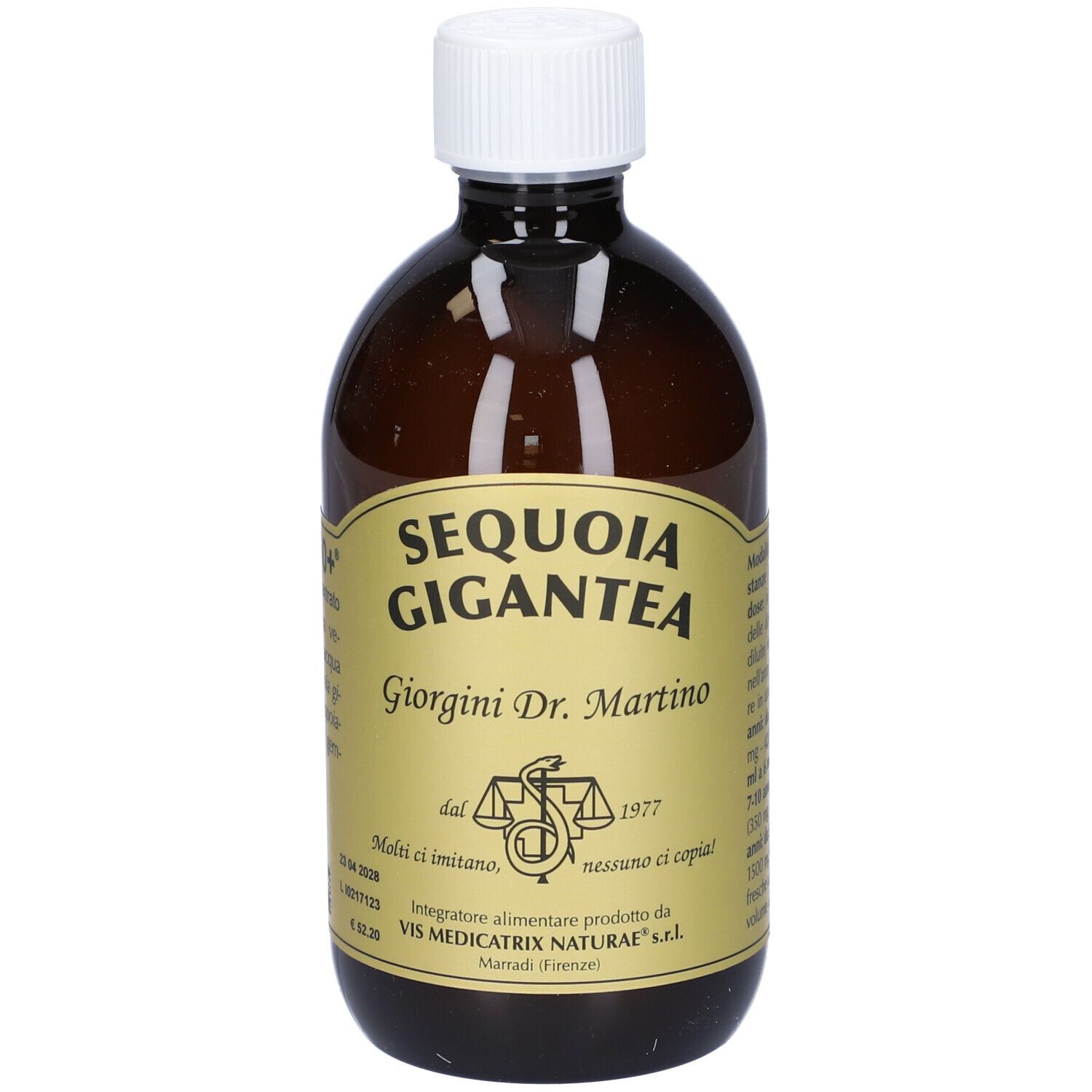 Bottiglia marrone con tappo bianco. Etichetta con "SEQUOIA GIGANTEA" e "Giorgini Dr. Martino".