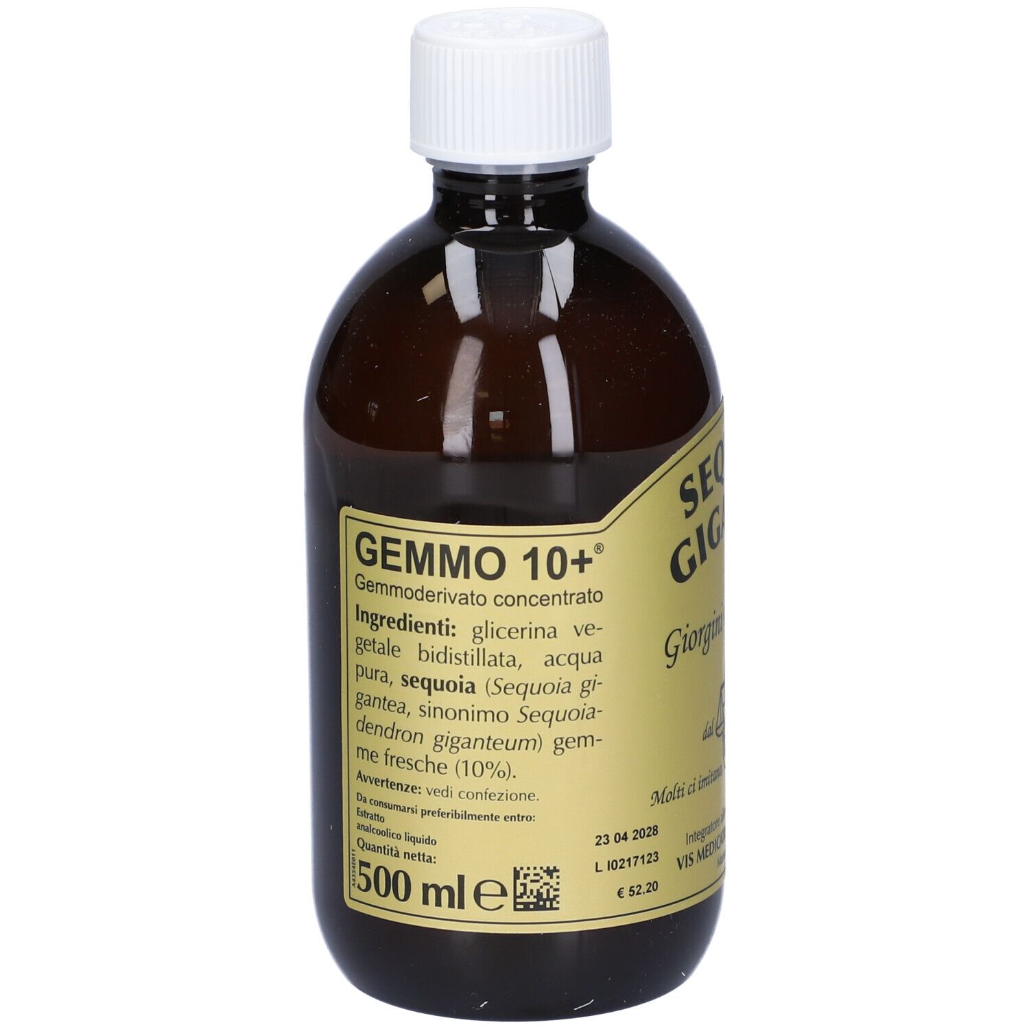 Bottiglia marrone con tappo bianco. Etichetta con "GEMMO 10+", ingredienti e 500 ml.