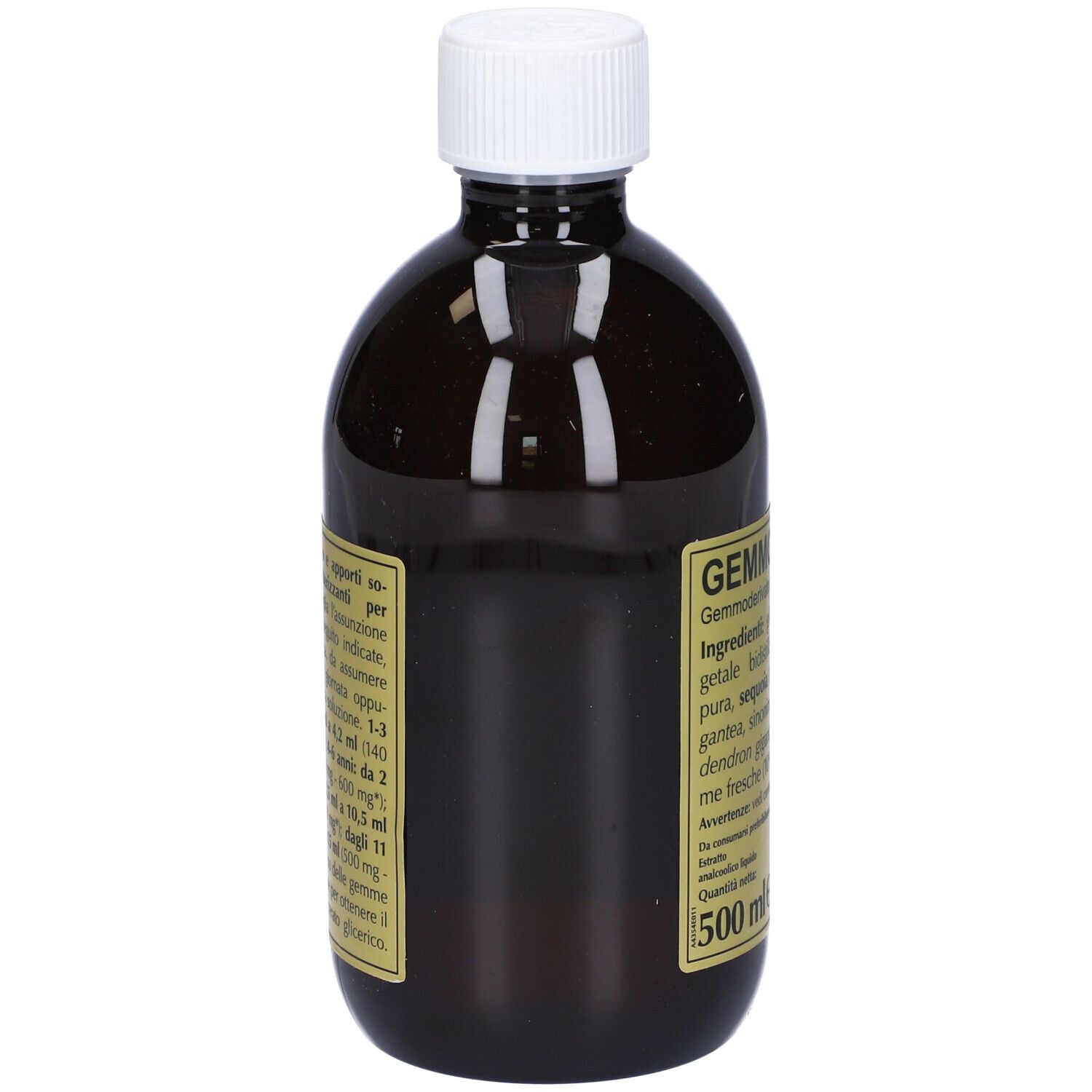 Bottiglia marrone con tappo bianco. Etichetta con ingredienti e 500 ml.