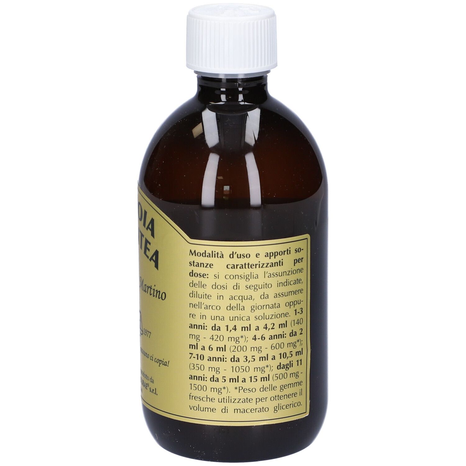 Bottiglia marrone con tappo bianco. Etichetta con istruzioni per il dosaggio.