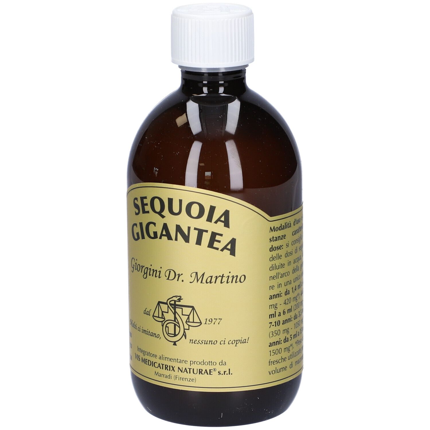Bottiglia marrone con tappo bianco. Etichetta con "SEQUOIA GIGANTEA" e "Giorgini Dr. Martino".
