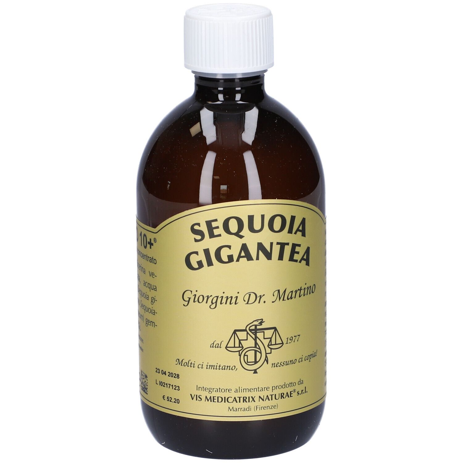 Bottiglia marrone con tappo bianco. Etichetta con "SEQUOIA GIGANTEA" e "Giorgini Dr. Martino".