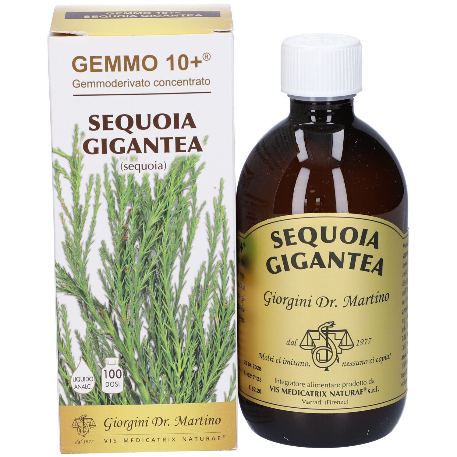 Bottiglia e scatola del prodotto. Sulla scatola, "GEMMO 10+" e "SEQUOIA GIGANTEA".