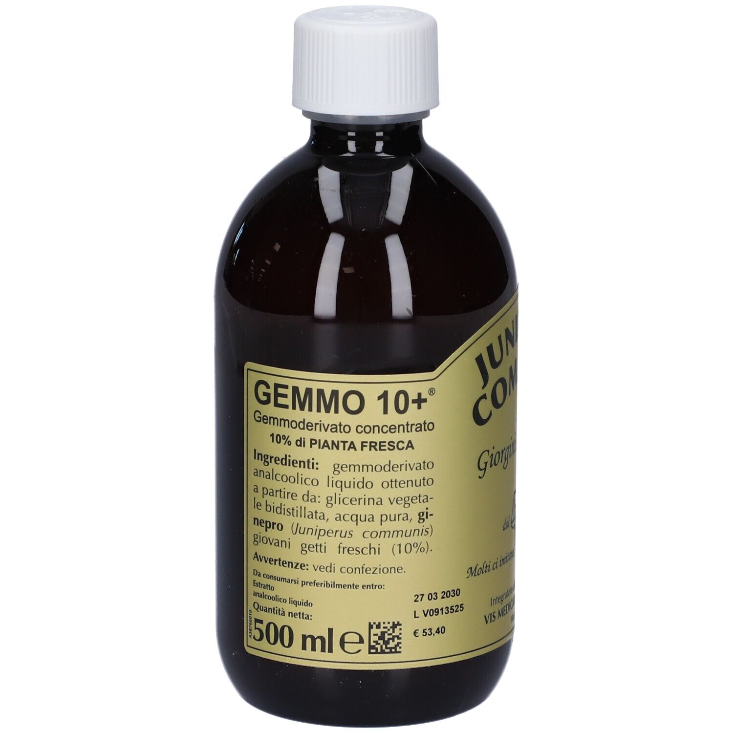 Bottiglia marrone con tappo bianco. Etichetta con testo: Gemmo 10+, ingredienti, 500 ml.