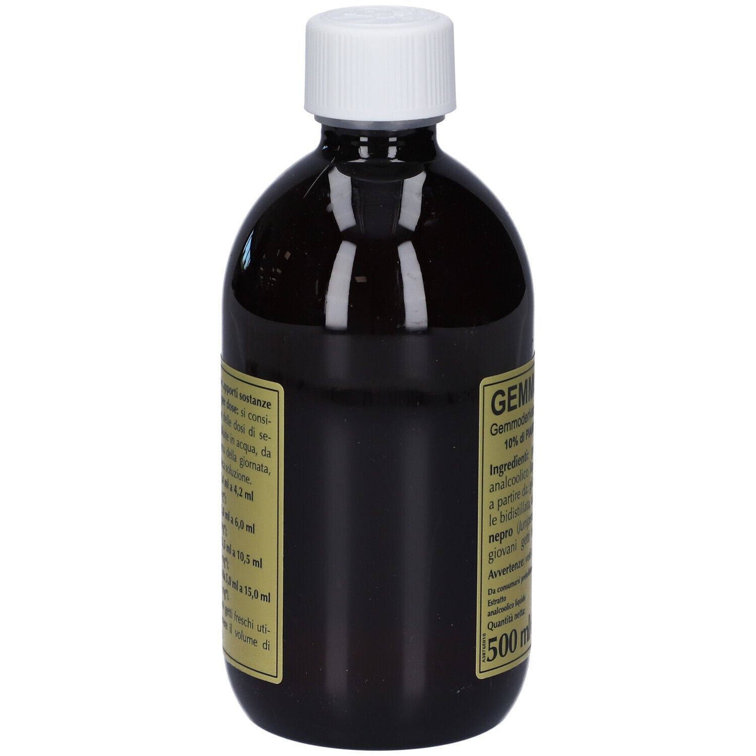 Bottiglia marrone con tappo bianco. Etichetta con testo e informazioni. 500 ml.