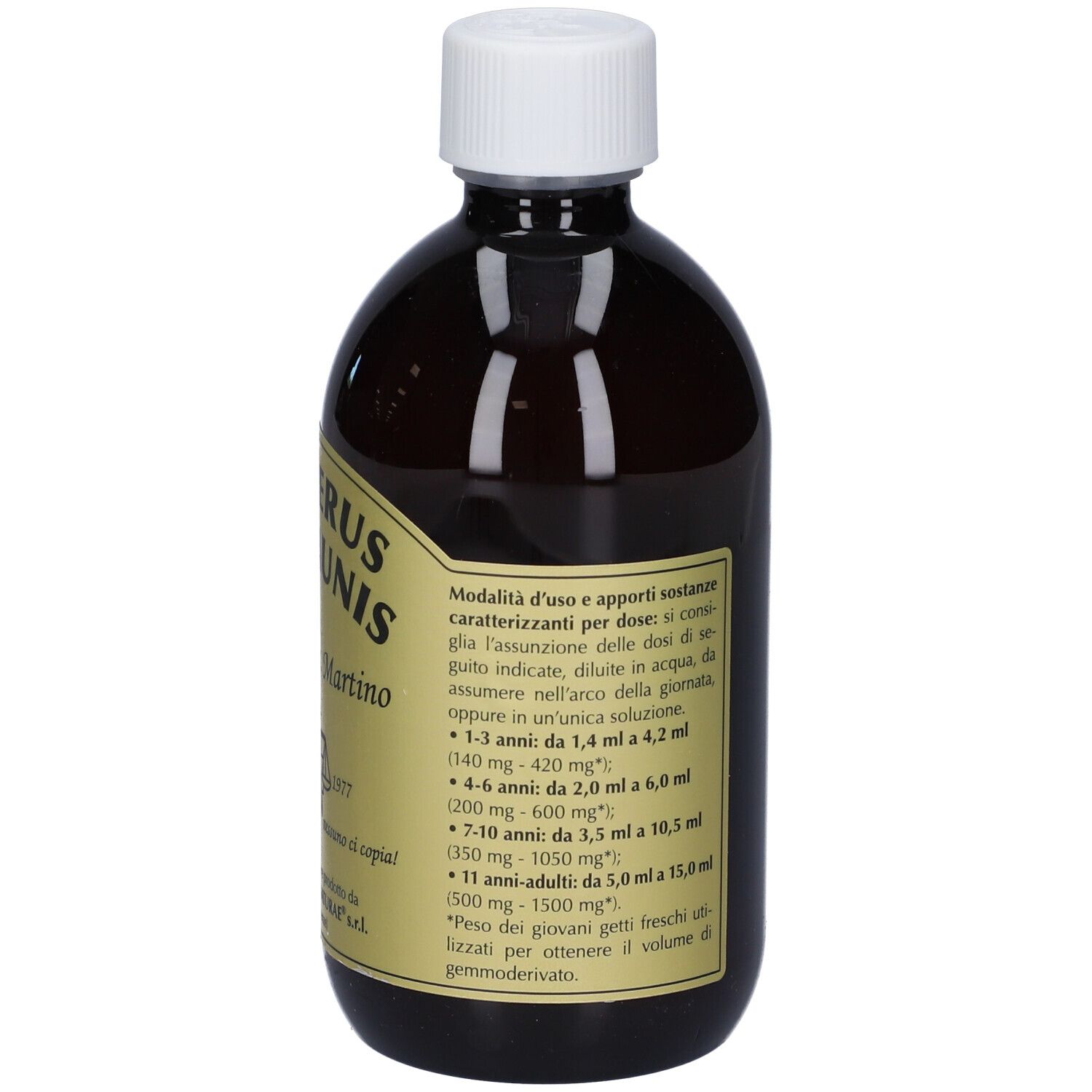 Bottiglia marrone con tappo bianco. Etichetta con testo: Juniperus Communis, Giorgini Dr. Martino, dosaggio.