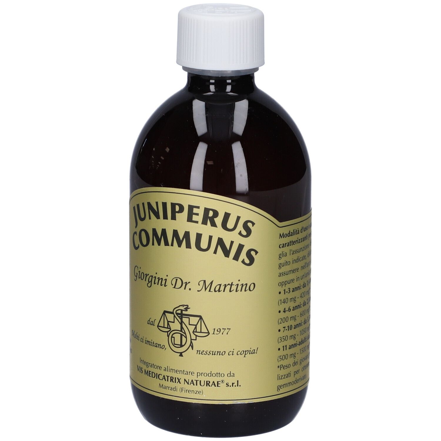 Bottiglia marrone con tappo bianco. Etichetta con testo: Juniperus Communis, Giorgini Dr. Martino, logo.