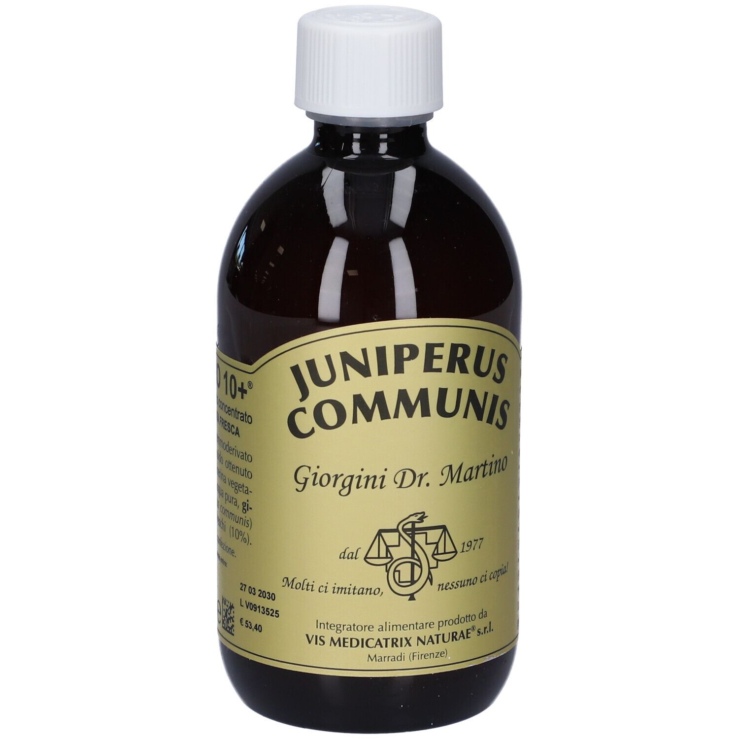 Bottiglia marrone con tappo bianco. Etichetta con testo: Juniperus Communis, Giorgini Dr. Martino, logo.