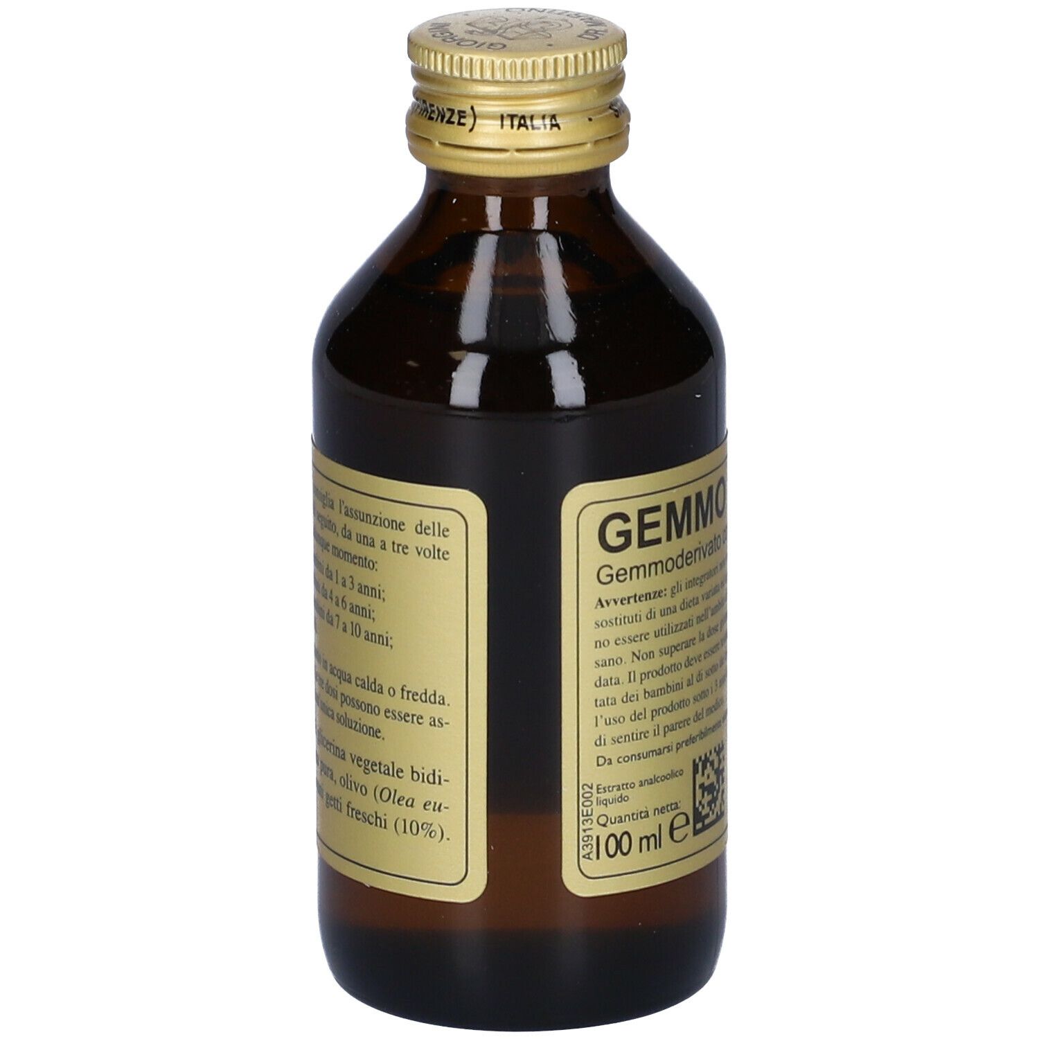 Bottiglia di vetro marrone con tappo dorato ed etichetta. L'etichetta recita '100 ml'.