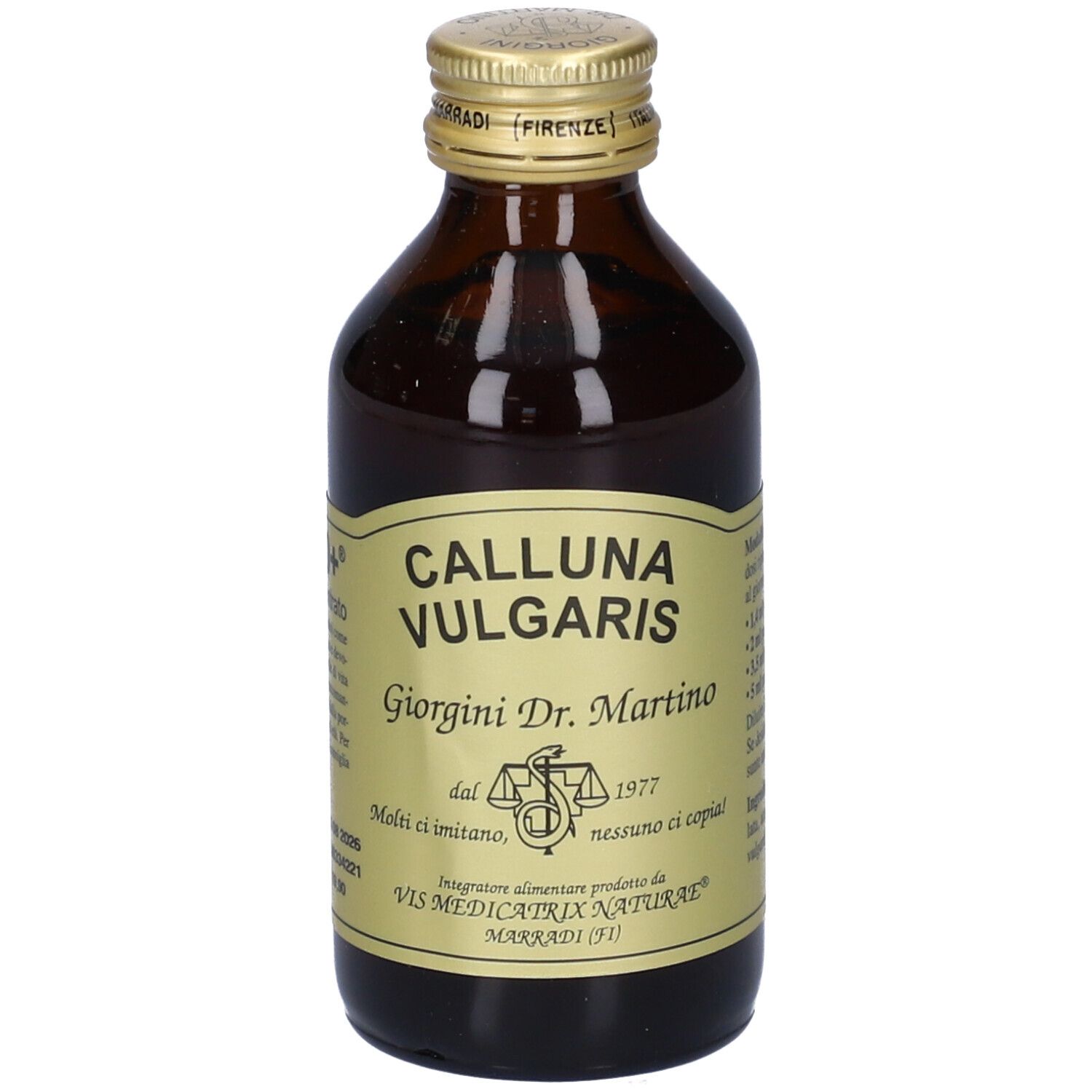 Bottiglia di vetro marrone con tappo dorato ed etichetta. L'etichetta riporta 'CALLUNA VULGARIS'.