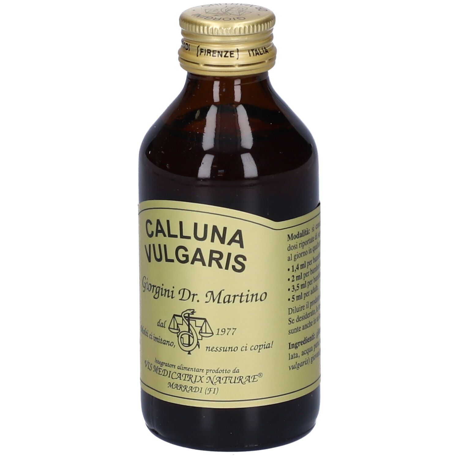 Bottiglia di vetro marrone con tappo dorato ed etichetta. 'CALLUNA VULGARIS' è visibile.