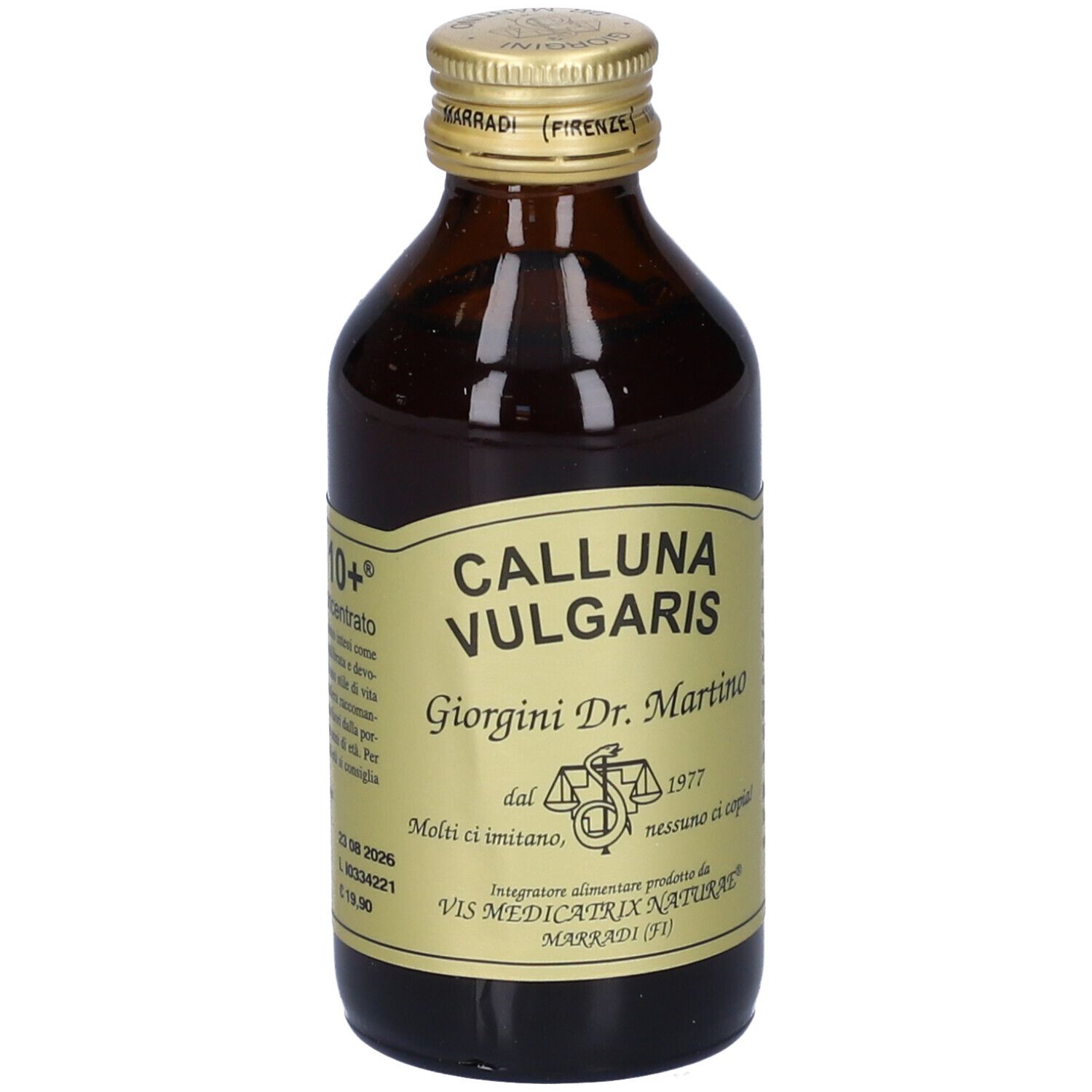 Bottiglia di vetro marrone con tappo dorato ed etichetta. Visibili 'GEMMO 10+' e 'CALLUNA VULGARIS'.