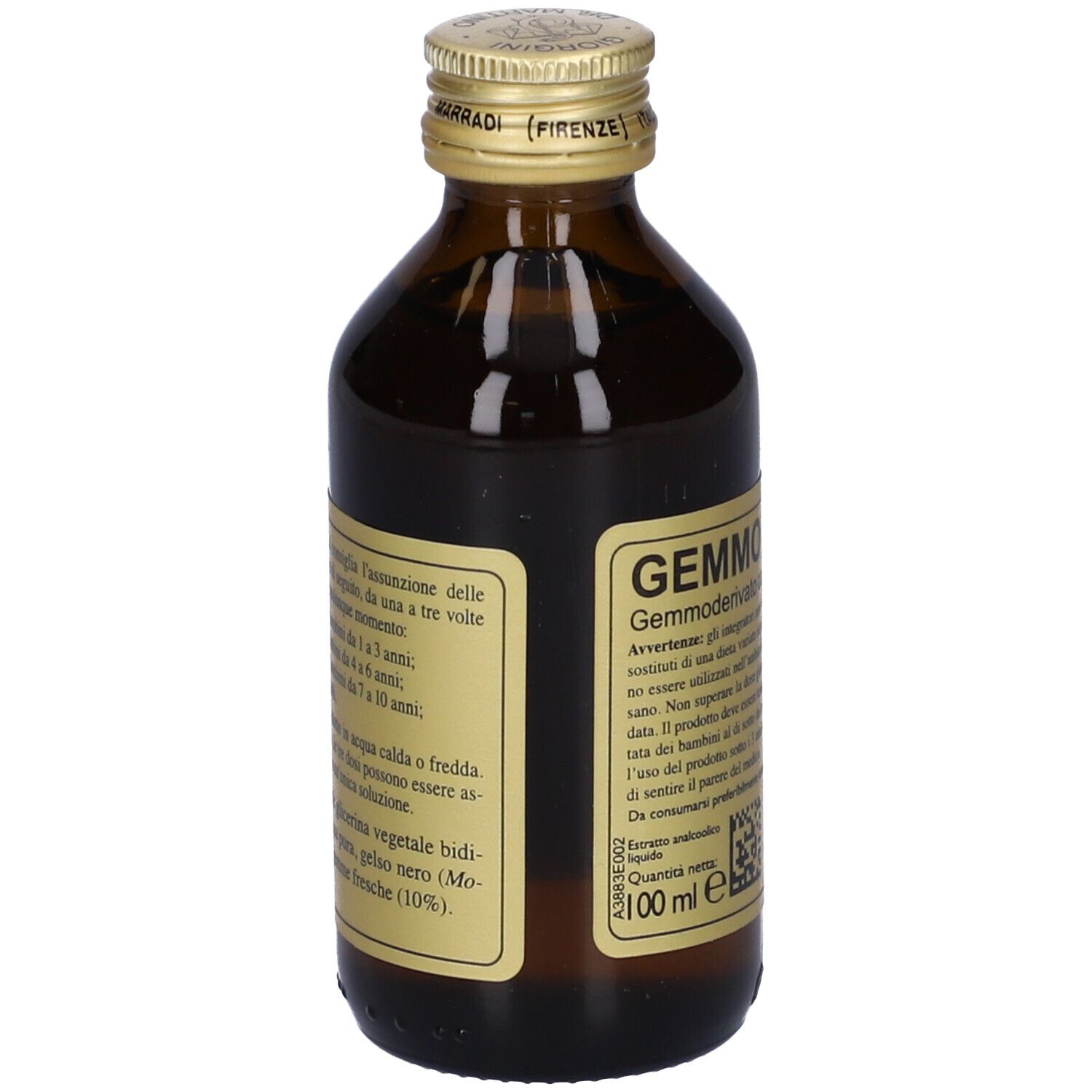 Flacone di vetro marrone con tappo dorato. Etichetta con testo: GEMMO 10+, MORUS NIGRA, Giorgini Dr. Martino.