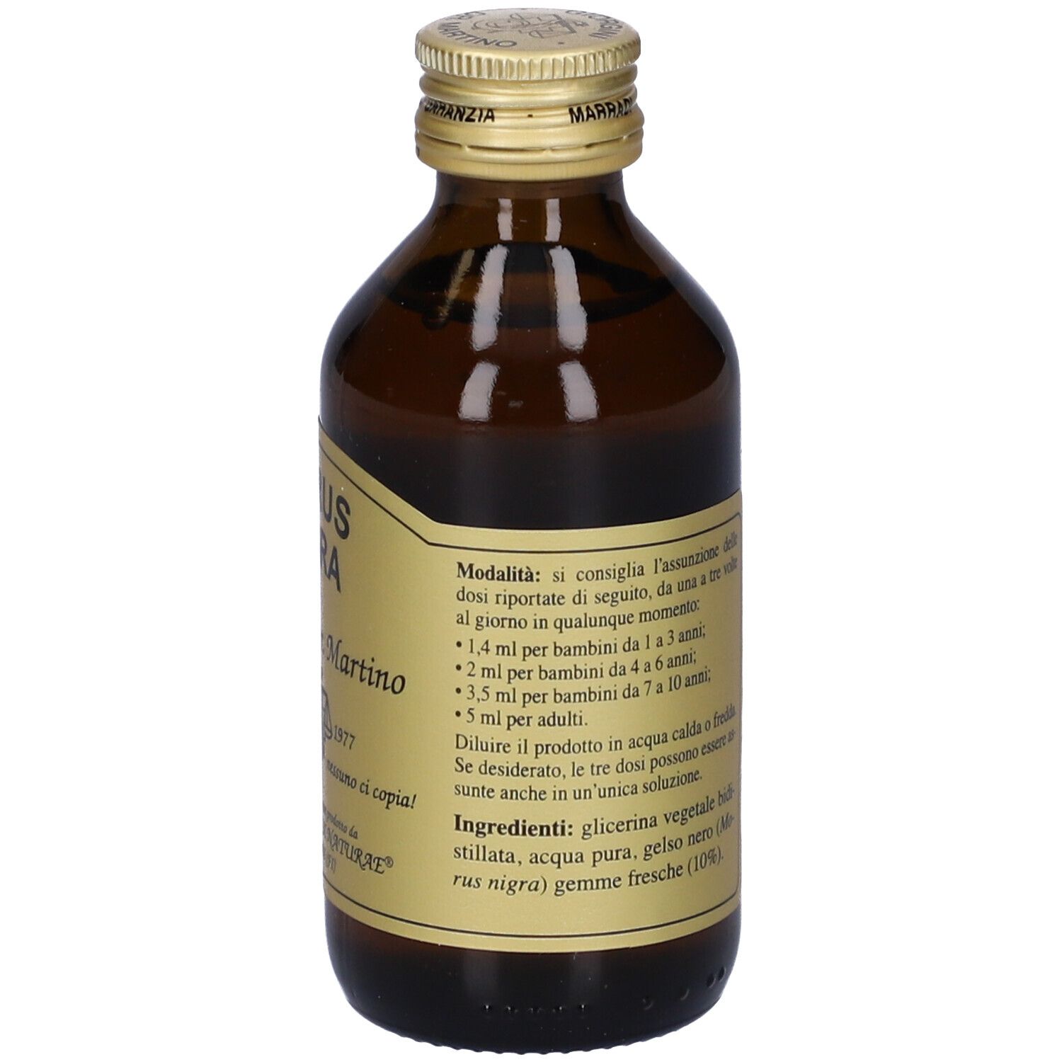 Flacone di vetro marrone con tappo dorato. Etichetta con testo: MORUS NIGRA, Giorgini Dr. Martino. Retro con indicazioni di dosaggio.