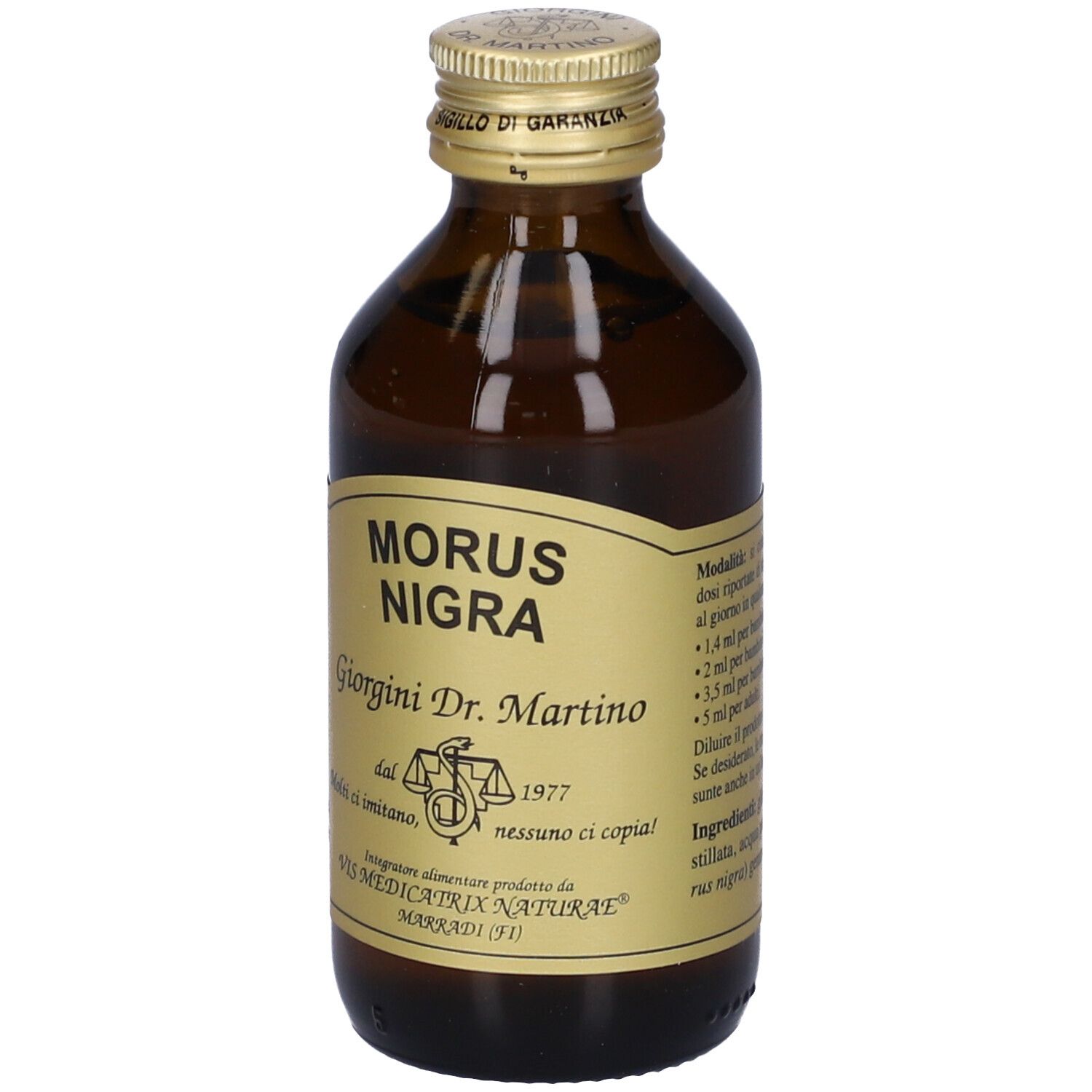 Flacone di vetro marrone con tappo dorato. Etichetta con testo: MORUS NIGRA, Giorgini Dr. Martino.