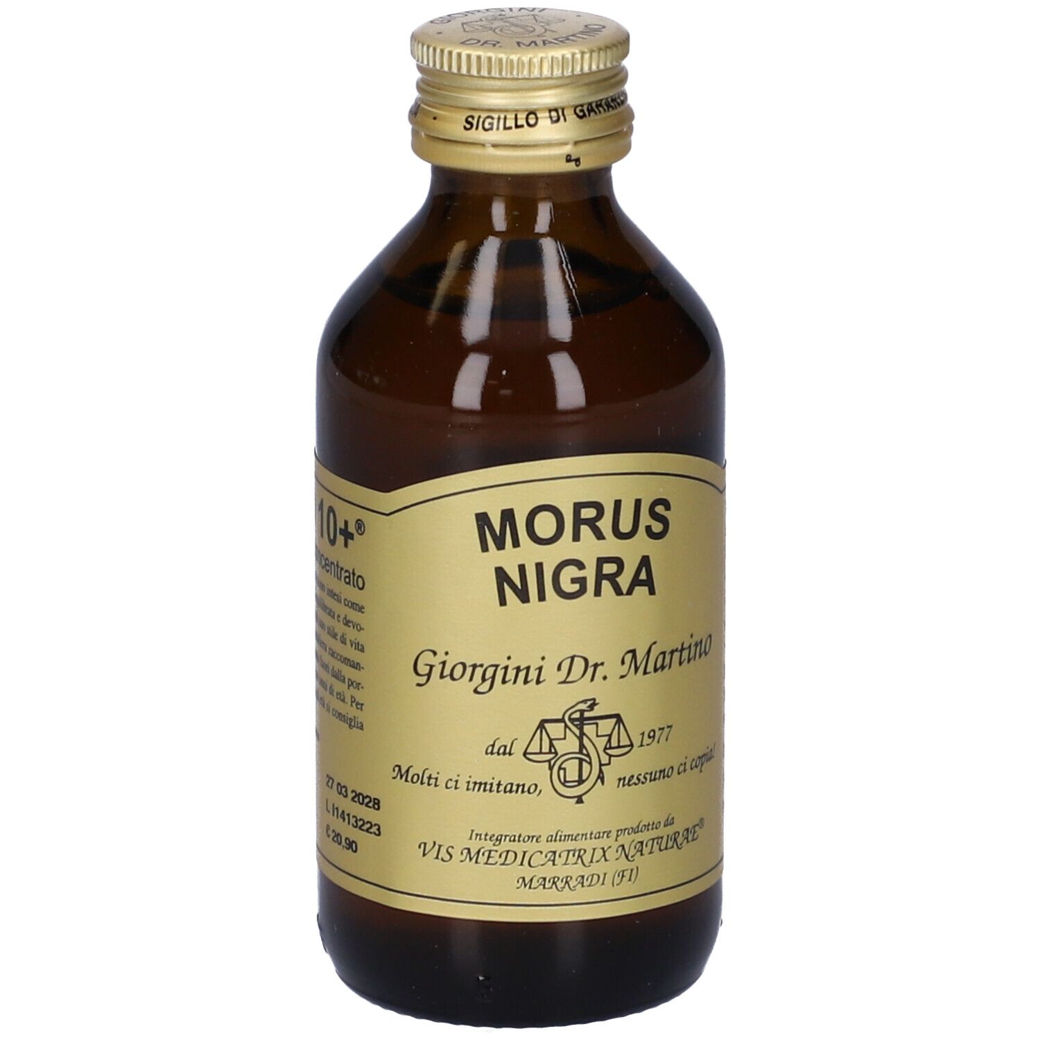 Flacone di vetro marrone con tappo dorato. Etichetta con testo: MORUS NIGRA, Giorgini Dr. Martino, GEMMO 10+.