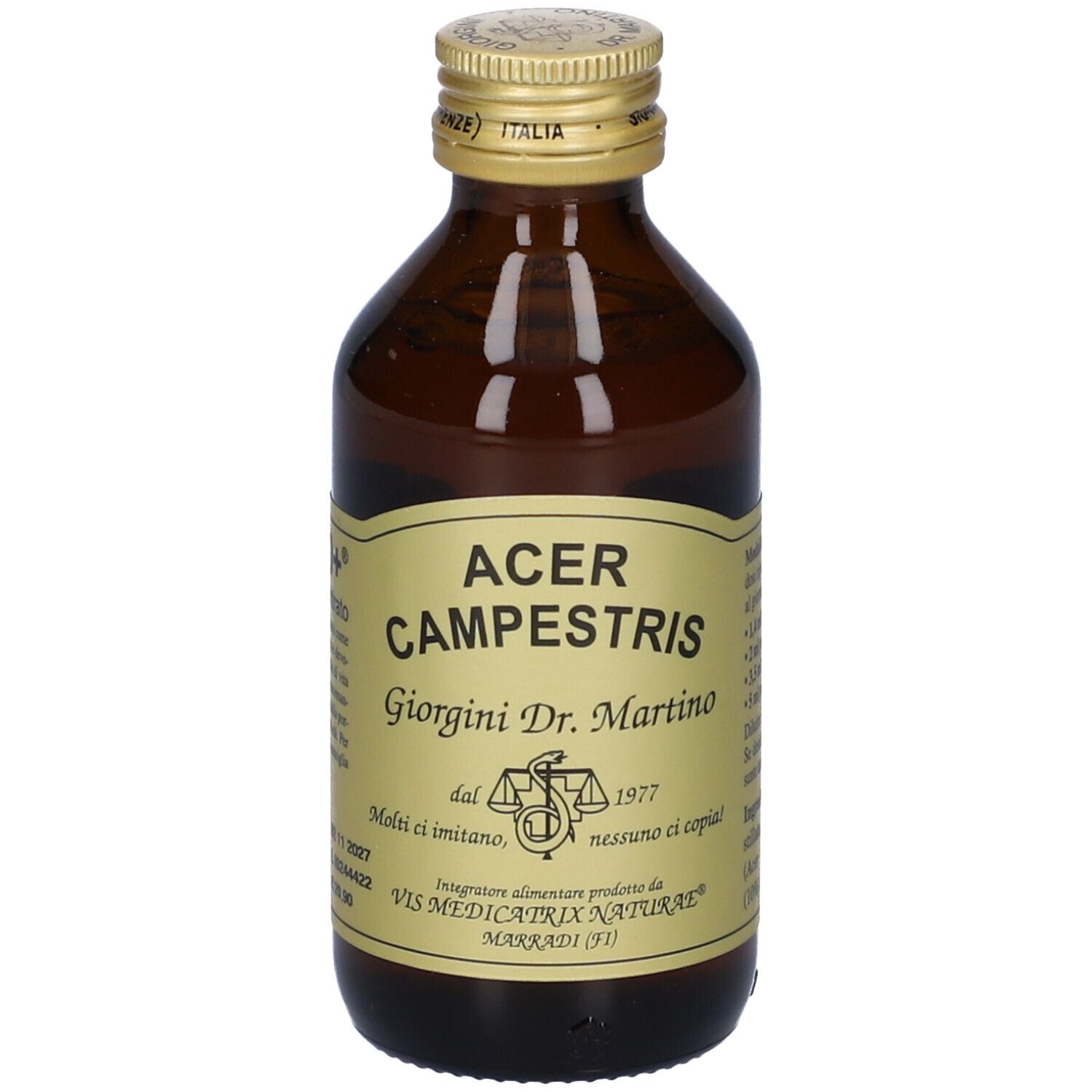 Bottiglia di vetro marrone con tappo dorato. Scritta: Acer Campestris, Giorgini Dr. Martino. Logo con bilancia.
