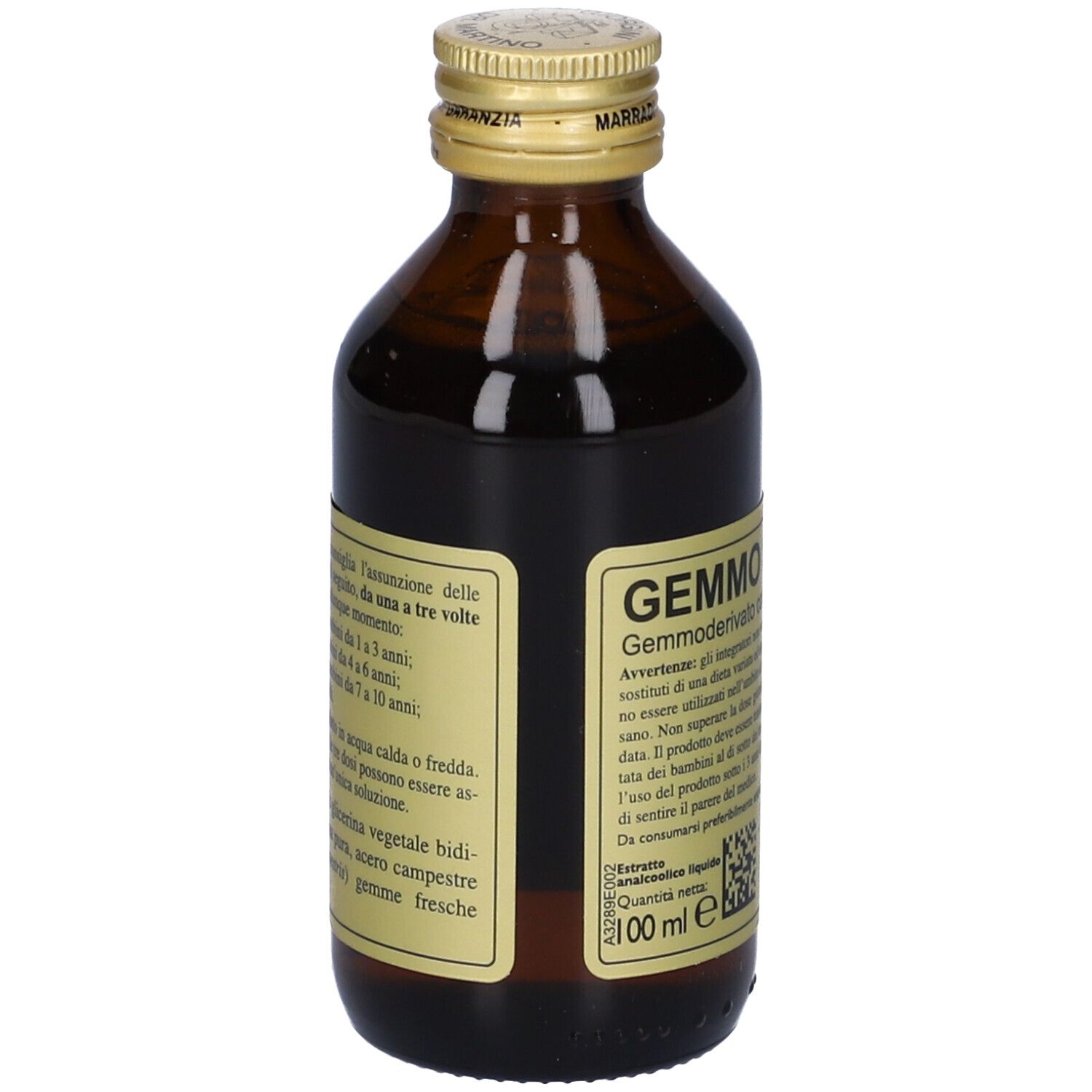 Bottiglia di vetro marrone con tappo dorato. Scritta: Gemmo 10+ Acer Campestris, Giorgini Dr. Martino. Etichetta con testo.