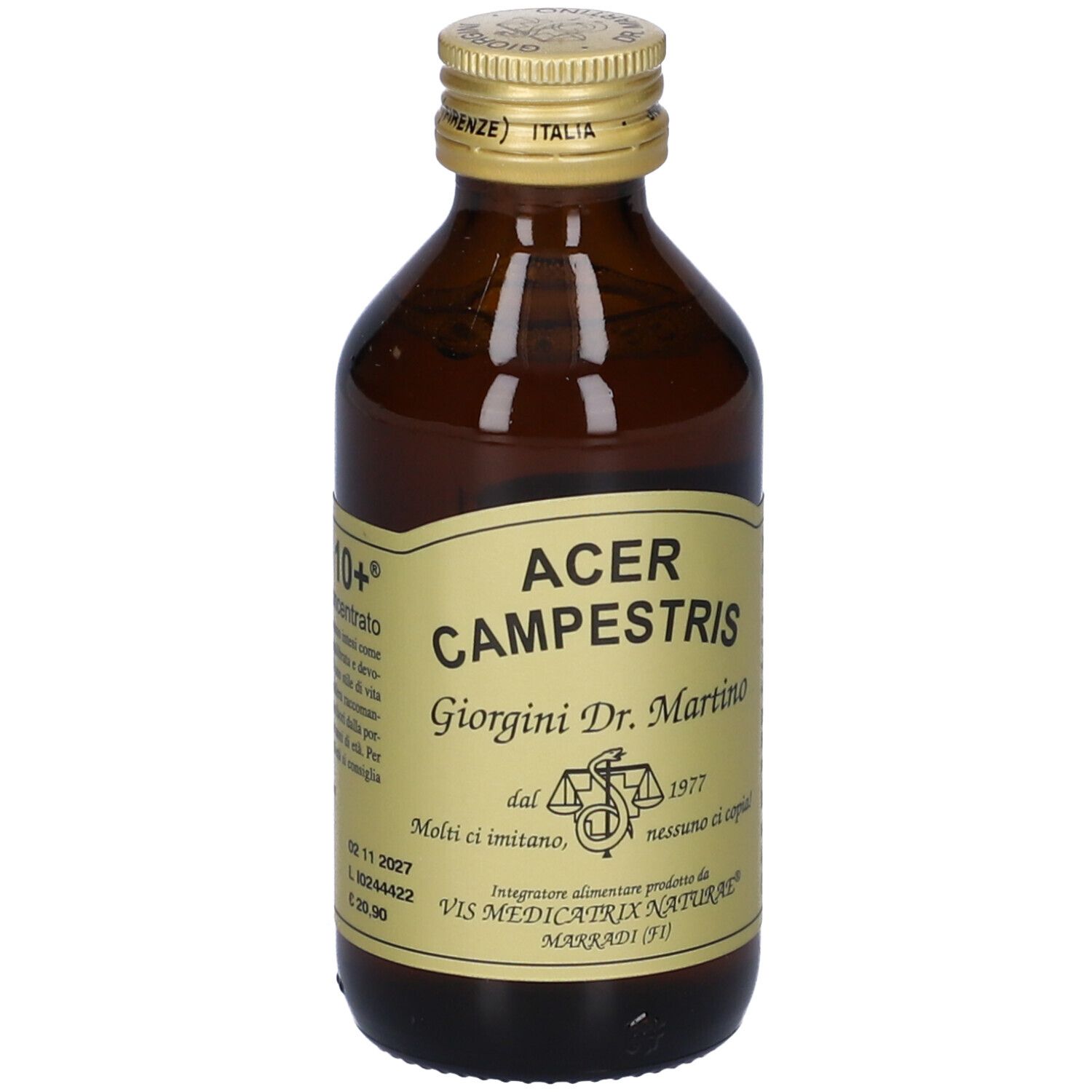 Bottiglia di vetro marrone con tappo dorato. Scritta: Gemmo 10+ Acer Campestris, Giorgini Dr. Martino. Etichetta con testo.