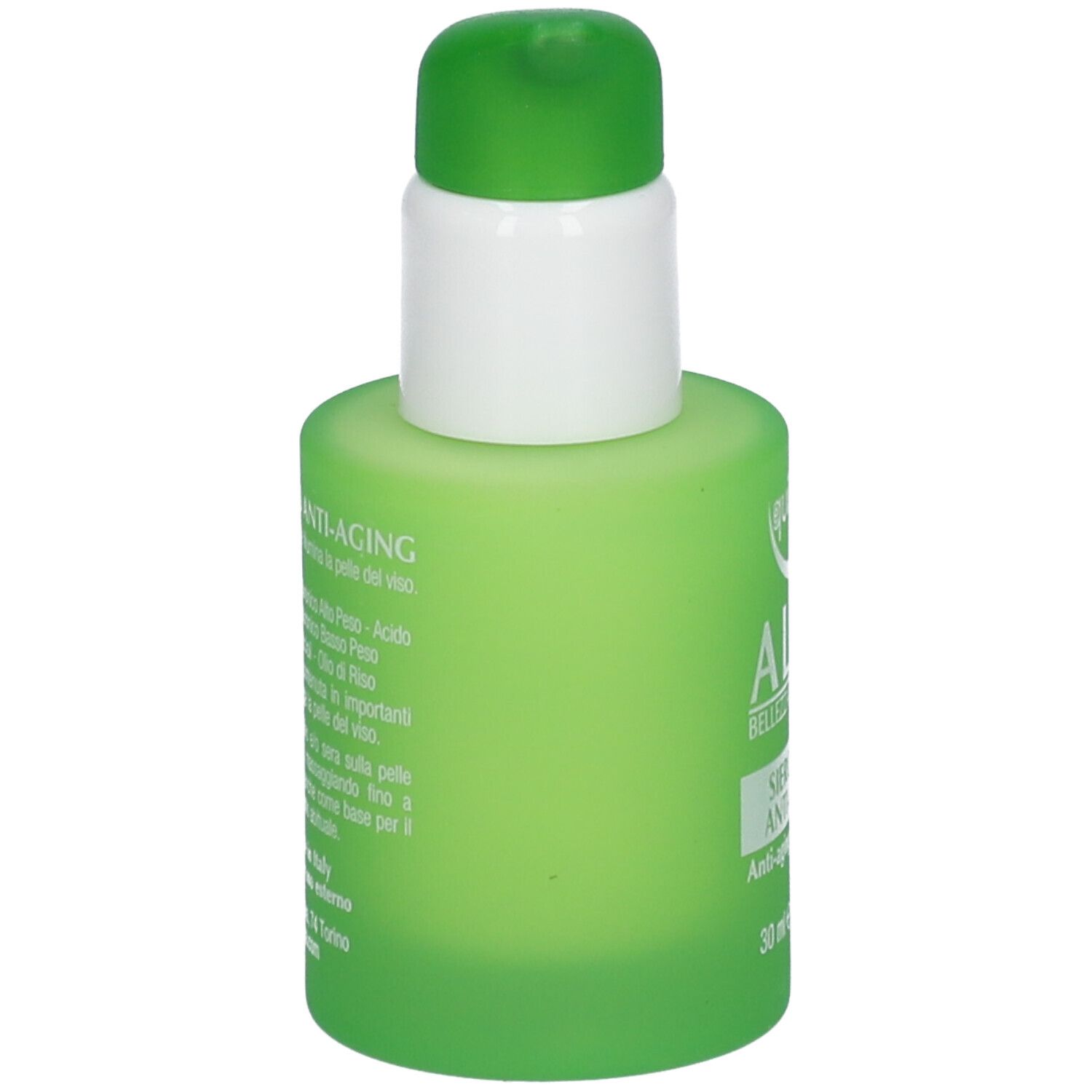 Flacone verde Equilibra Aloe Siero Viso Anti-Aging. Testina bianca. Nome del prodotto e logo.