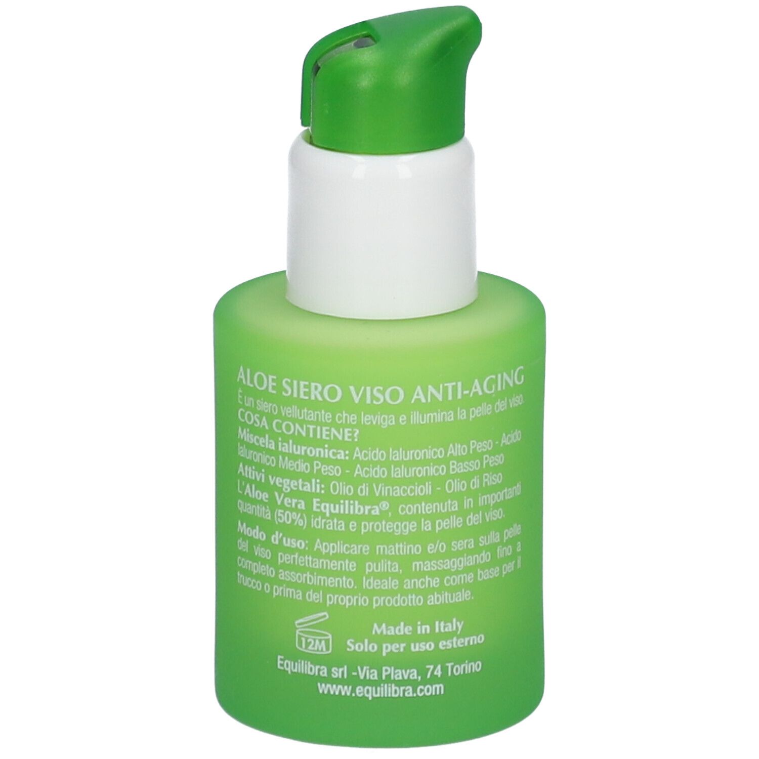 Flacone verde Equilibra Aloe Siero Viso Anti-Aging. Testina bianca. Nome del prodotto e logo.