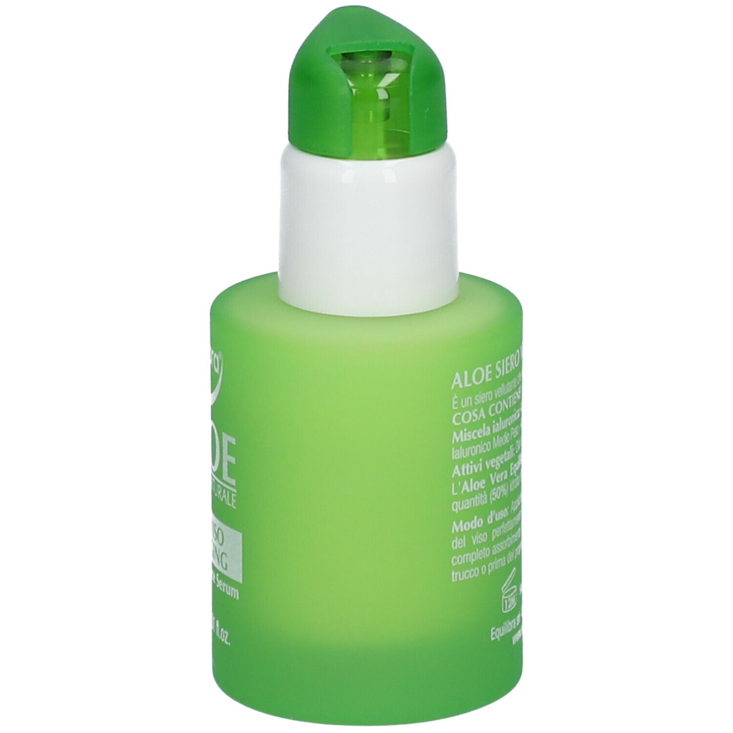 Flacone verde Equilibra Aloe Siero Viso Anti-Aging. Testina bianca. Nome del prodotto e logo.