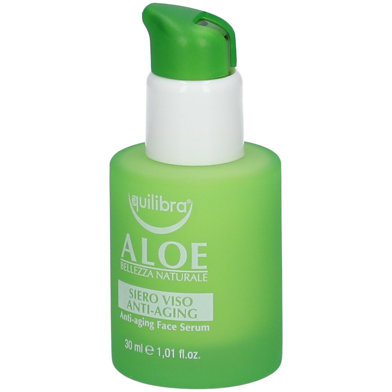 Flacone verde Equilibra Aloe Siero Viso Anti-Aging. Testina bianca. Nome del prodotto e logo.