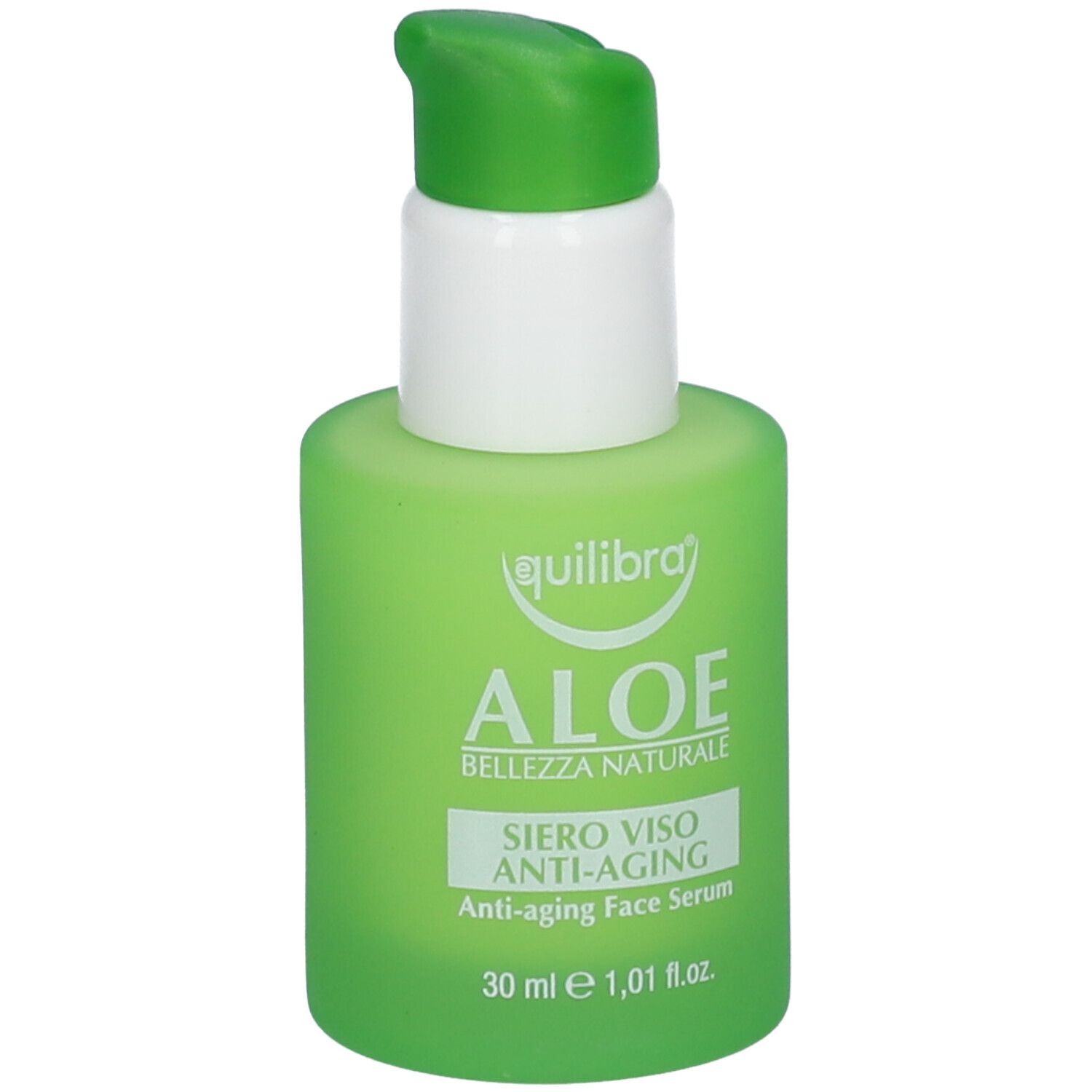 Flacone verde Equilibra Aloe Siero Viso Anti-Aging. Testina bianca. Nome del prodotto e logo.