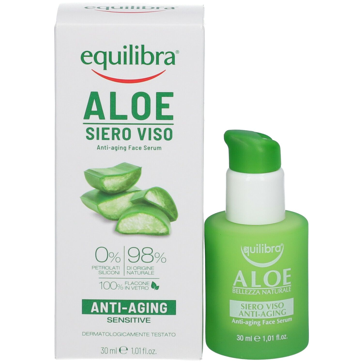 Flacone verde Equilibra Aloe Siero Viso Anti-Aging. Testina bianca. Nome del prodotto e logo.