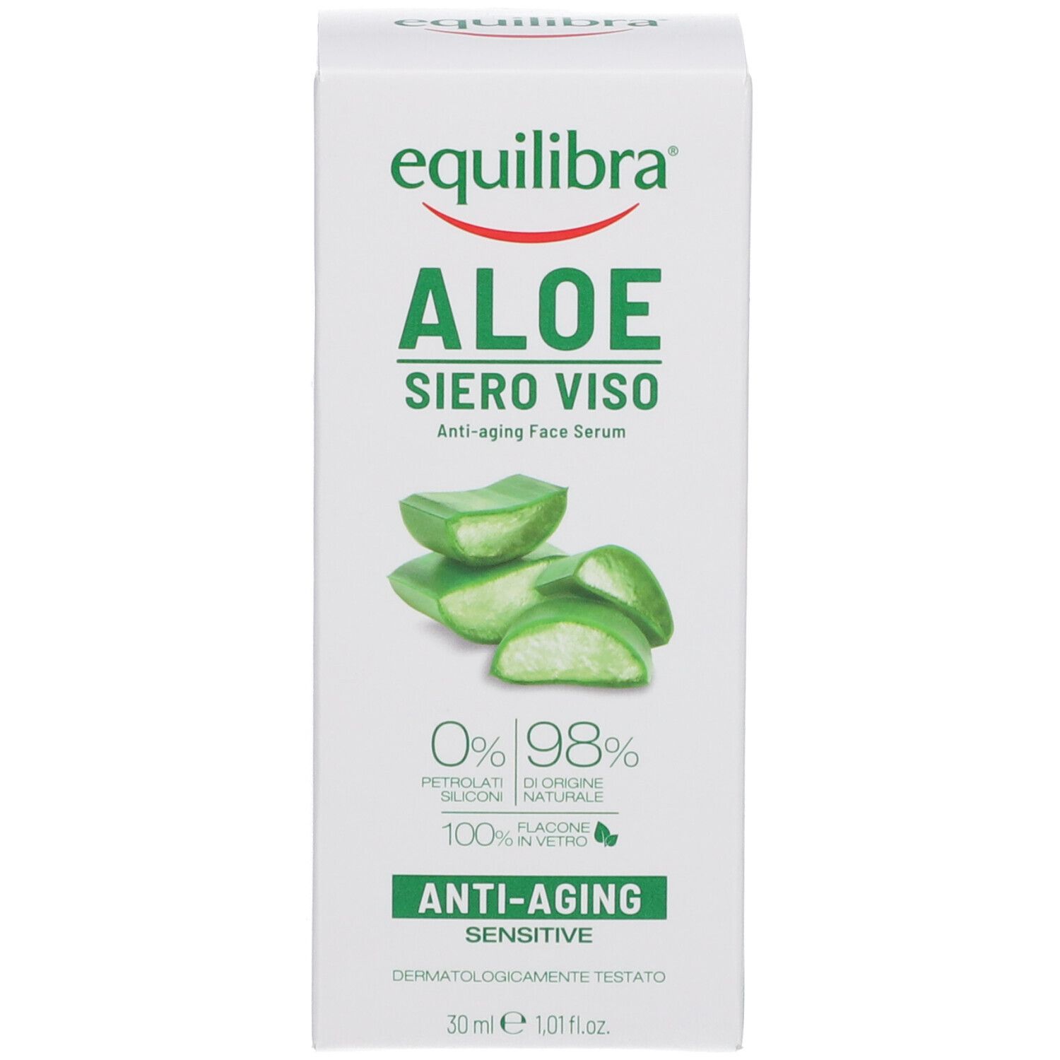 Flacone verde Equilibra Aloe Siero Viso Anti-Aging. Testina bianca. Nome del prodotto e logo.
