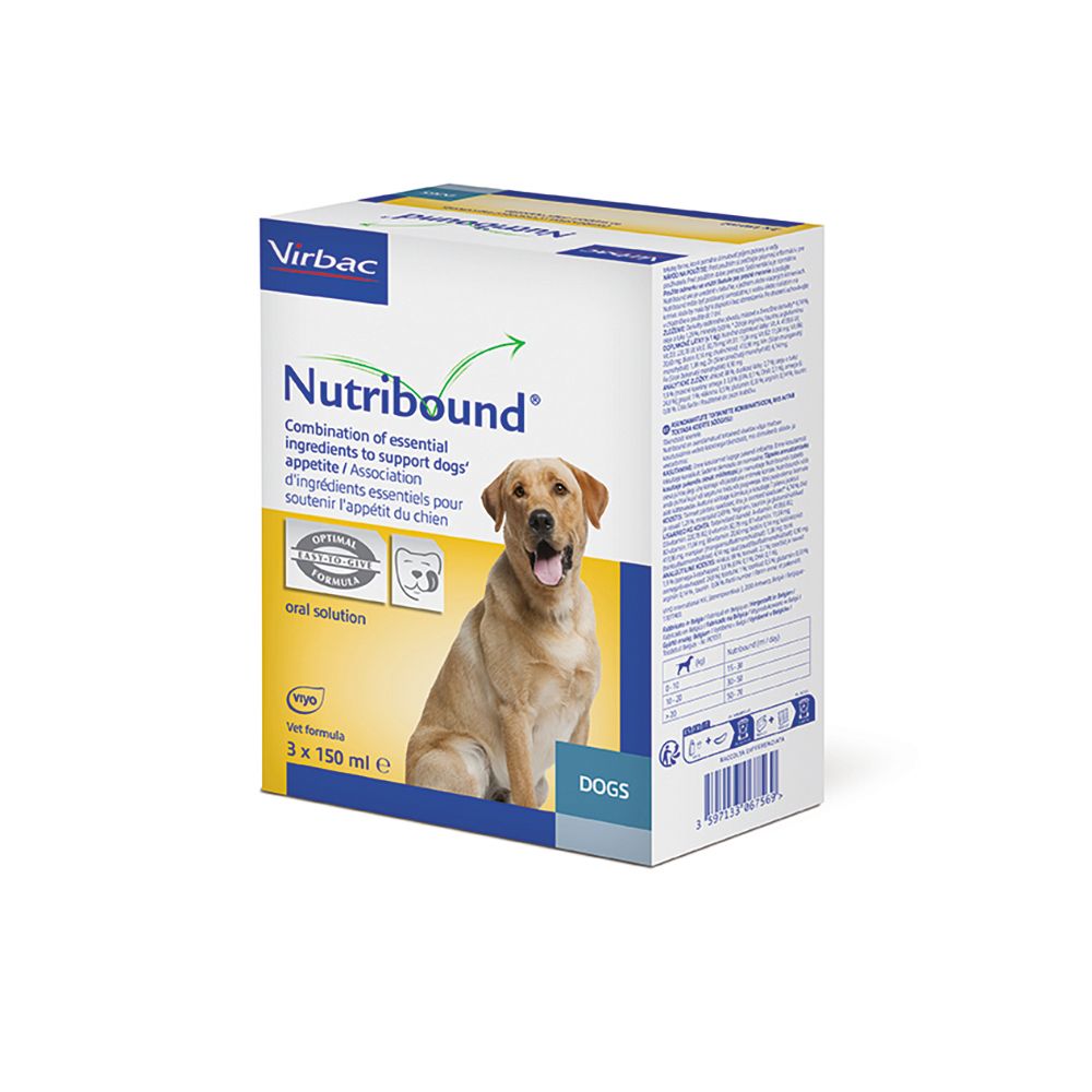 Scatola con nome prodotto, cane e testo. Marchio Virbac. Scritta 'DOGS'.